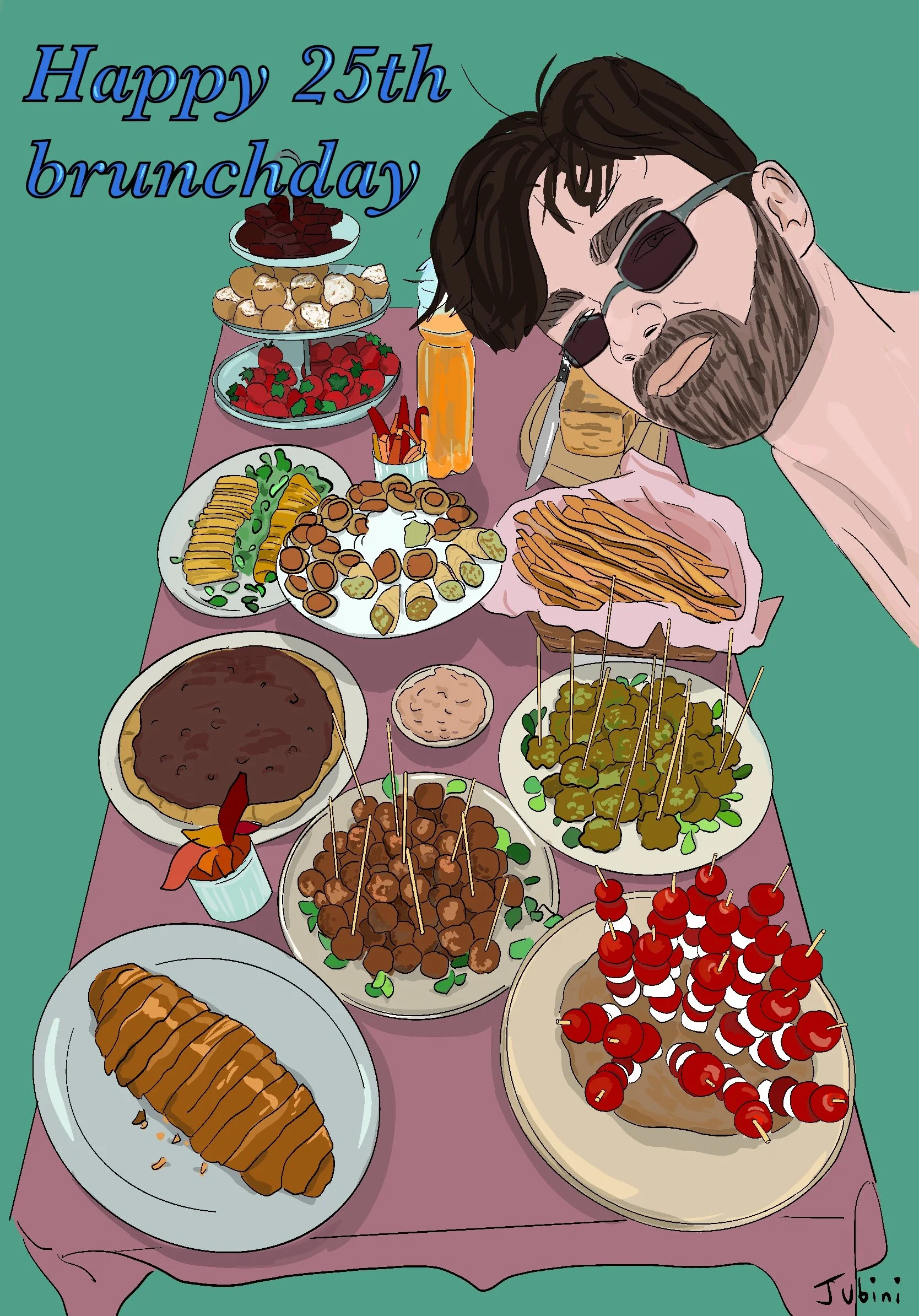 Una festa di brunch con molte pietanze su un tavolo, tra cui frutta, dolci, spiedini di carne, una torta, e un drink. C'è un uomo con barba e occhiali scuri che sorride e guarda il tavolo.