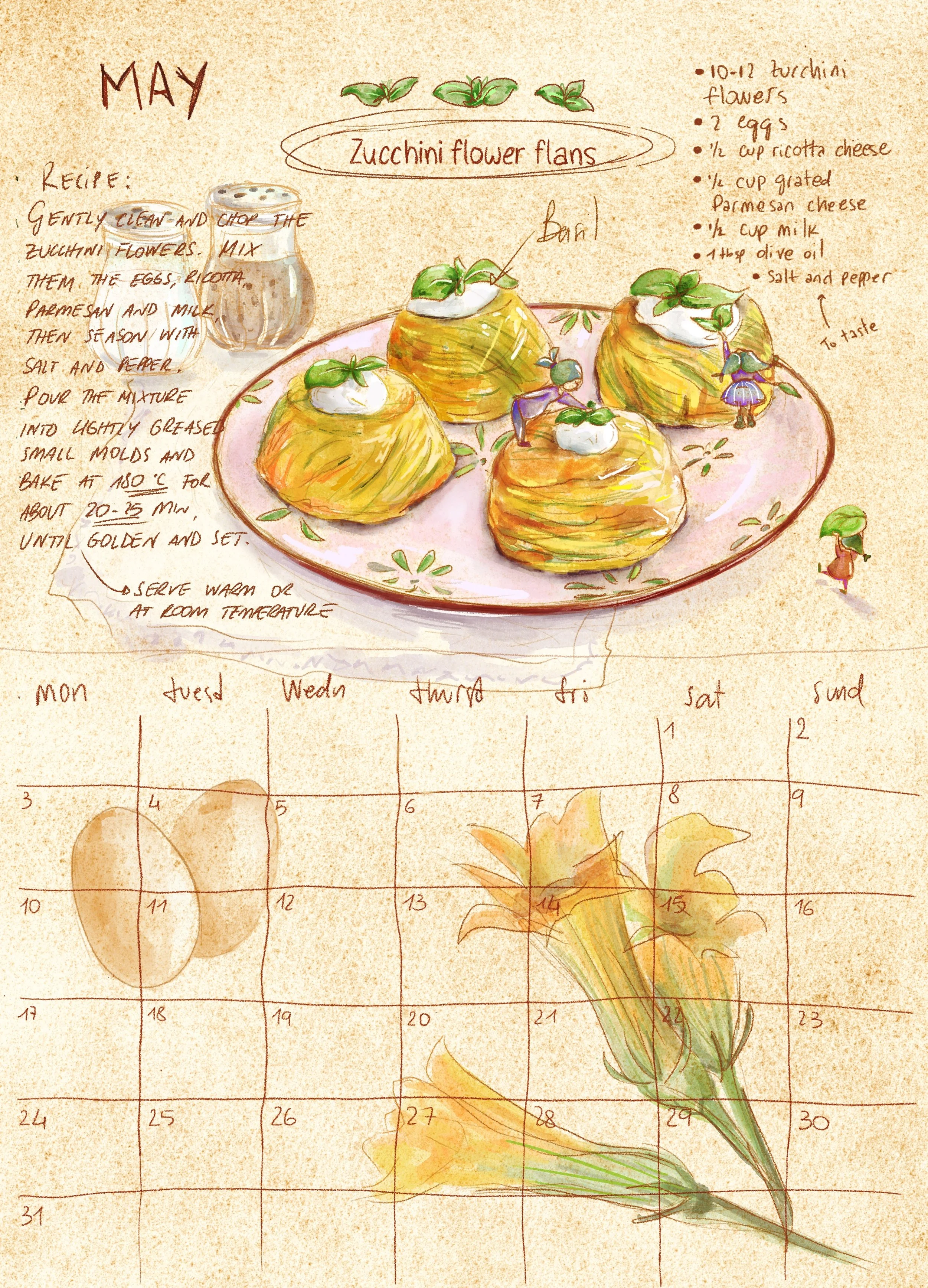 Calendario di ottobre con un'illustrazione di zuccini, foglie e un fiore autunnale, con ricetta per i 