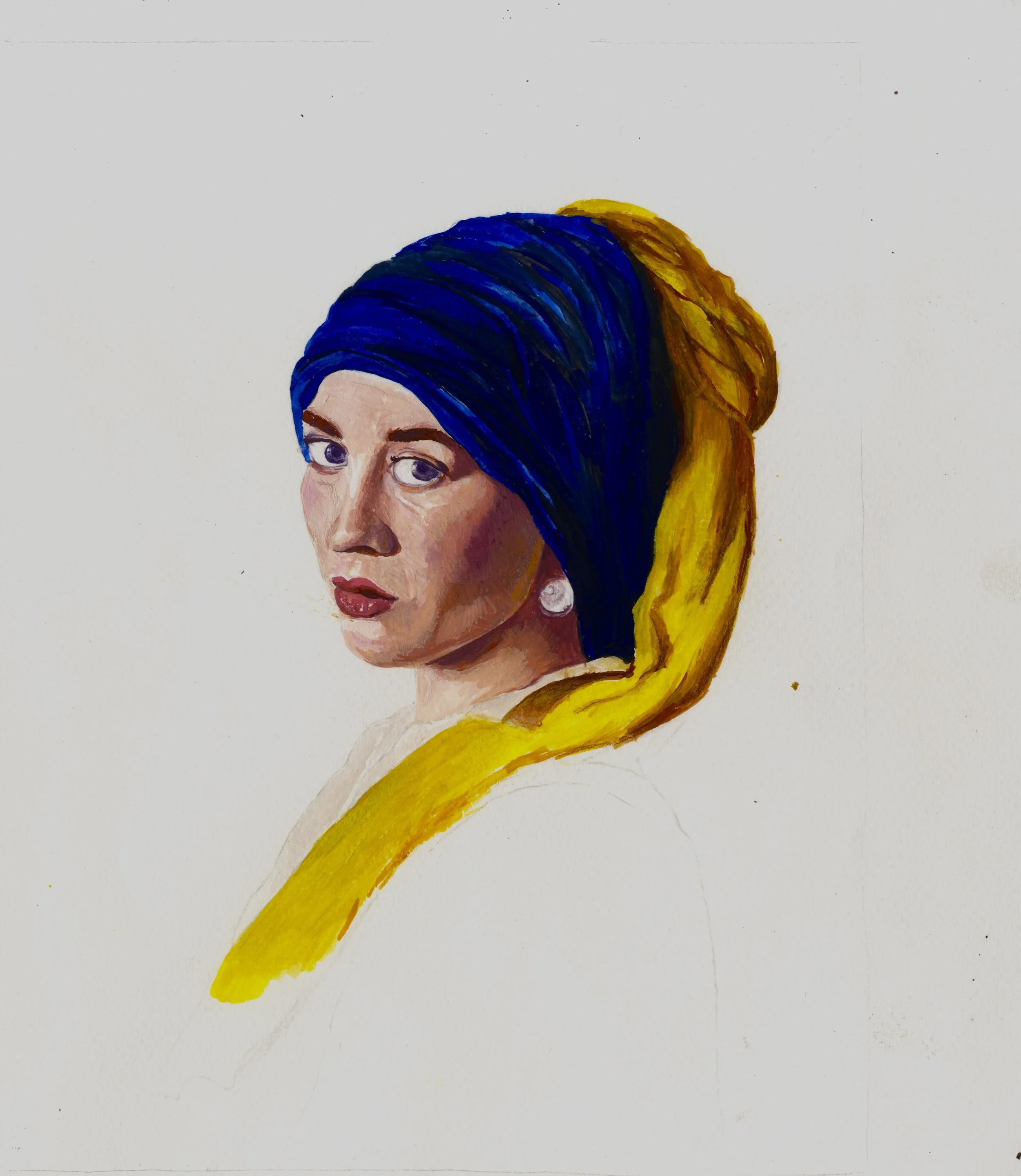 Portrait of a woman wearing a blue headscarf and a yellow dress, with hoop earrings, in an artistic style.