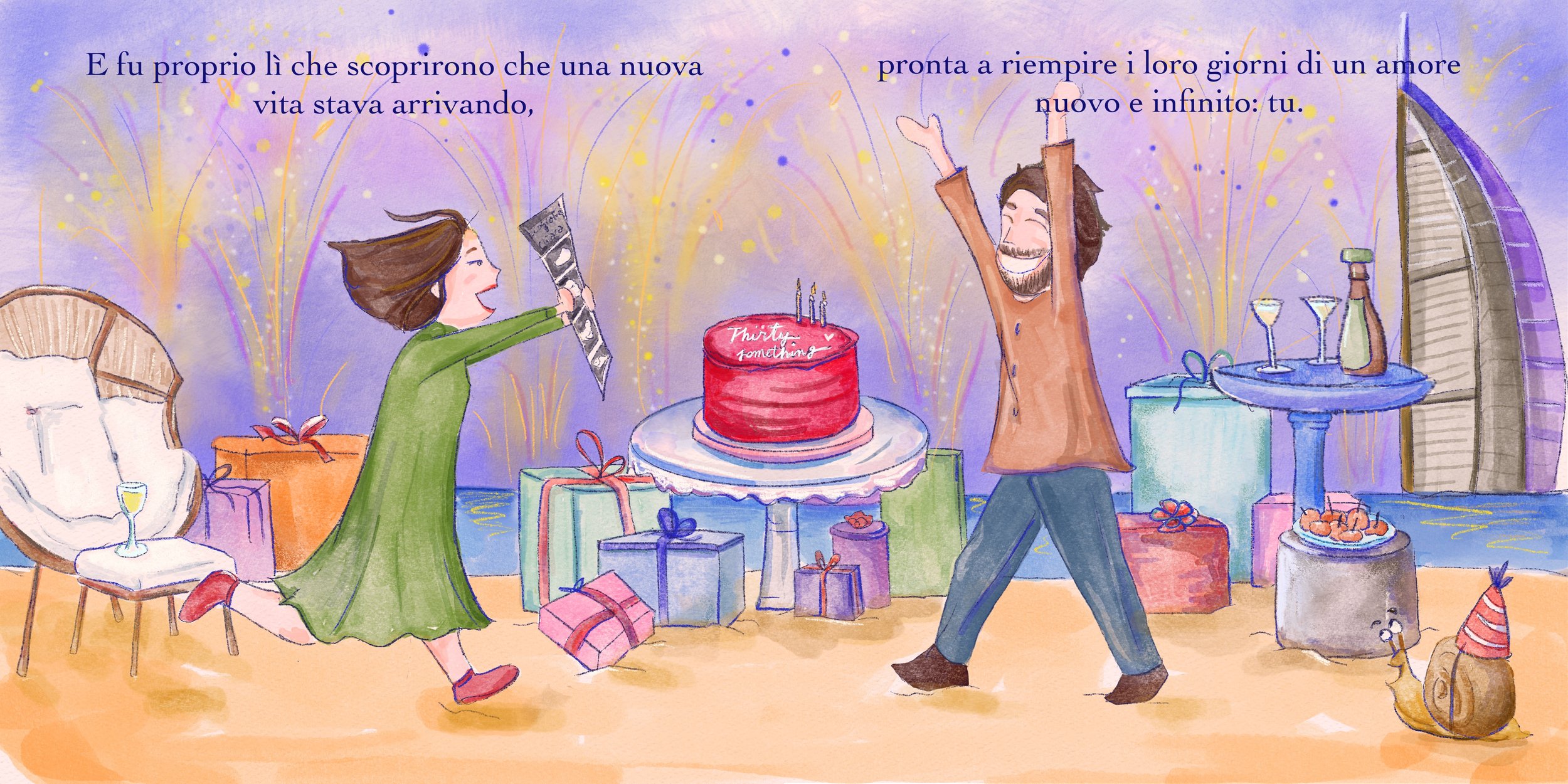 Un gruppo di persone festeggia un compleanno con regali e una torta rossa, circondata da regali e decorazioni, con fuochi d'artificio sullo sfondo.