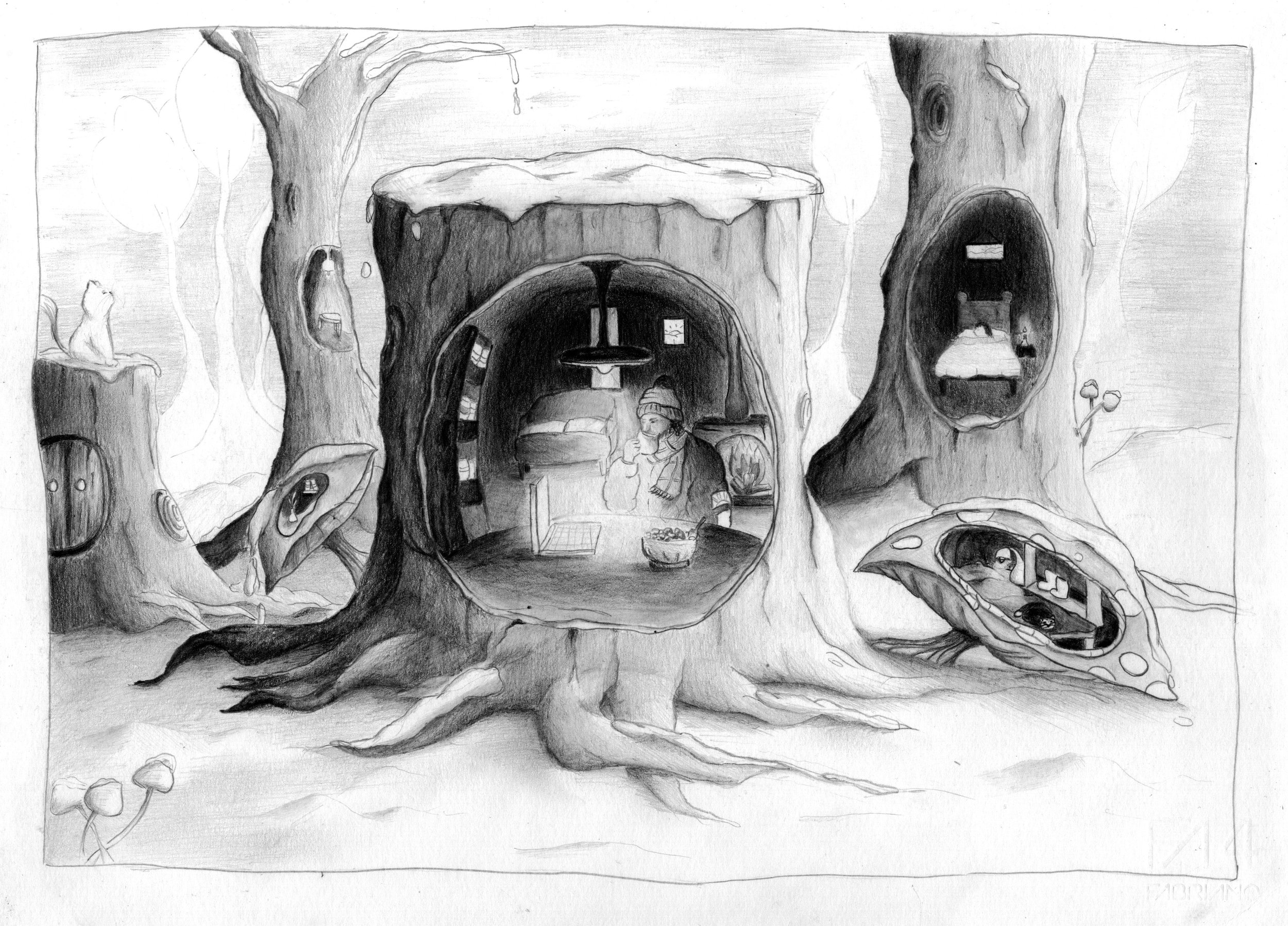 A pencil drawing of a scene in a house in the forest, featuring a cat watching from a courtyard, a tree with a lantern hanging from it, a bench with a girl sitting on it, and various natural elements, including mushrooms, leaves, and a lit fireplace.