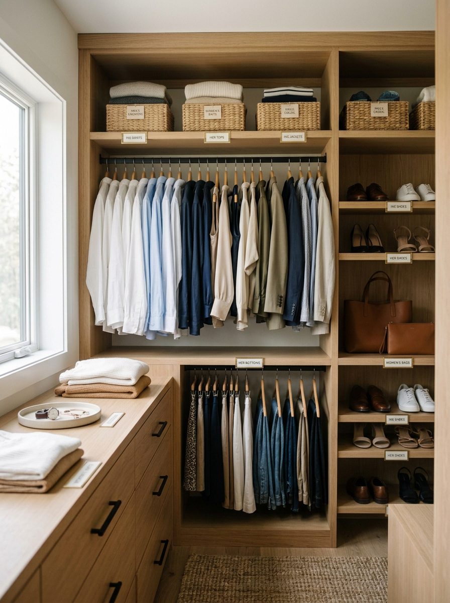 Organized and labeled custom designed primary closet.