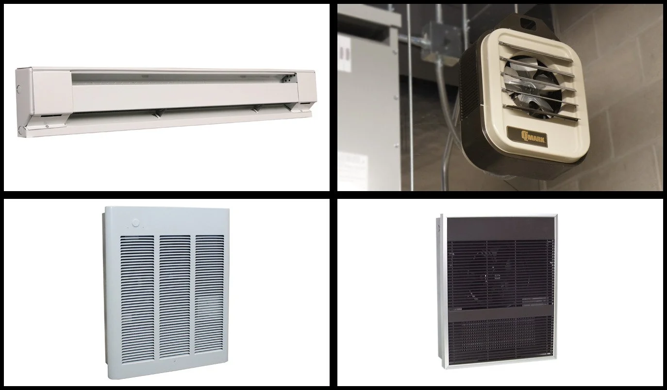 Electric heaters: QMark commercial baseboard, unit heater and two fan-forced wall heaters