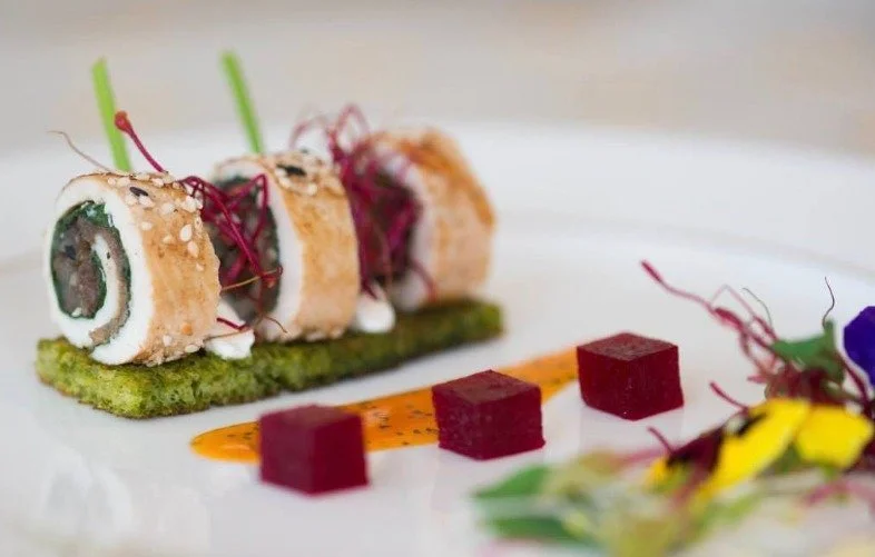 Sesame-crusted roulade with beetroot cubes