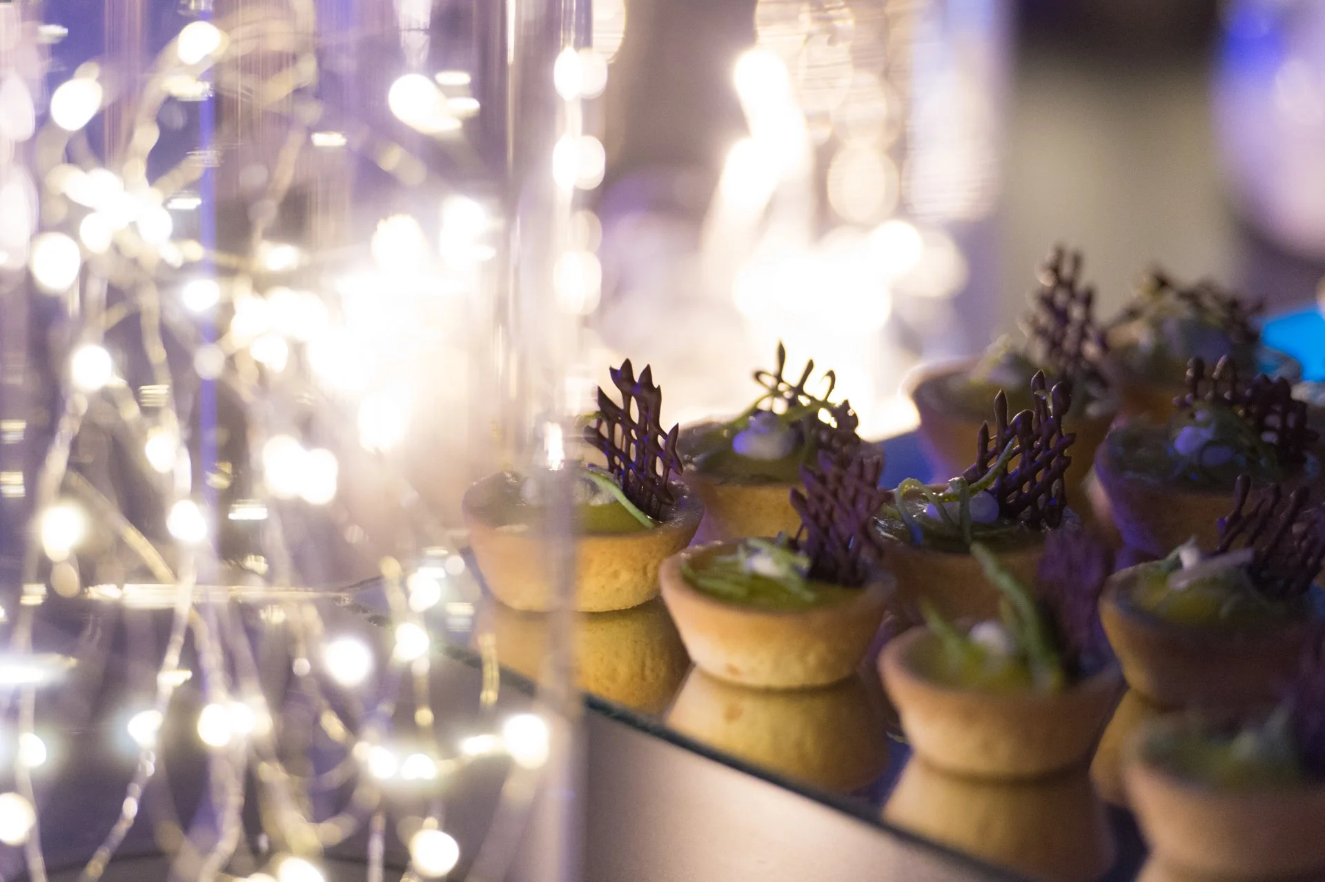 Tartlet canapés surrounded by sparkling fairy lights