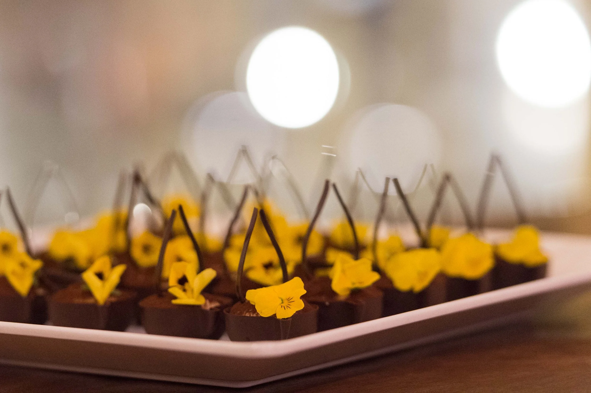 Chocolate canapés topped with yellow pansy flowers