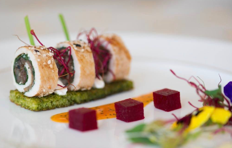 Sesame-crusted roulade with beetroot cubes