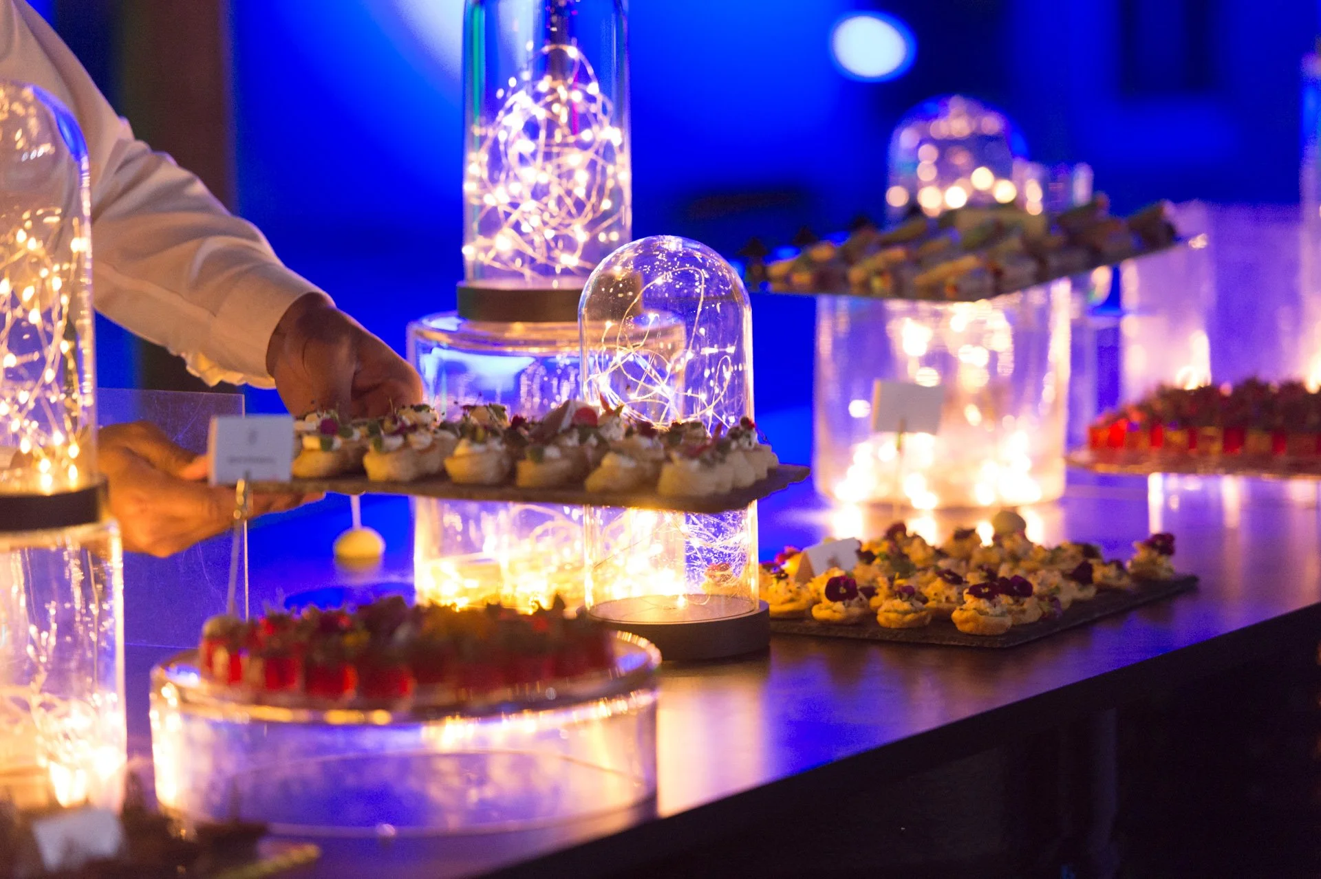 Canapés on a glowing display beneath glass cloches