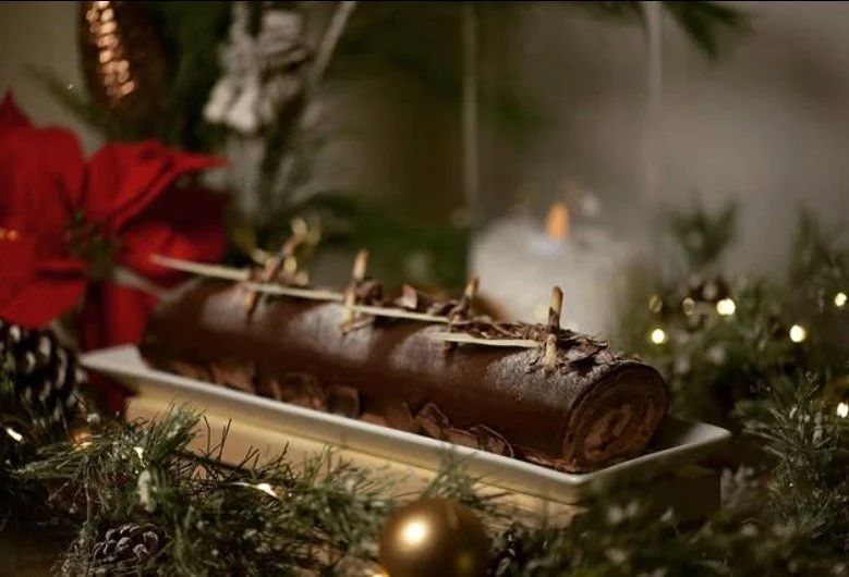Chocolate yule log for a Christmas celebration