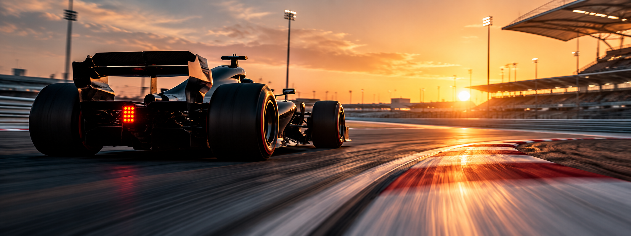 A black Formula 1 race car on a race track during sunset.