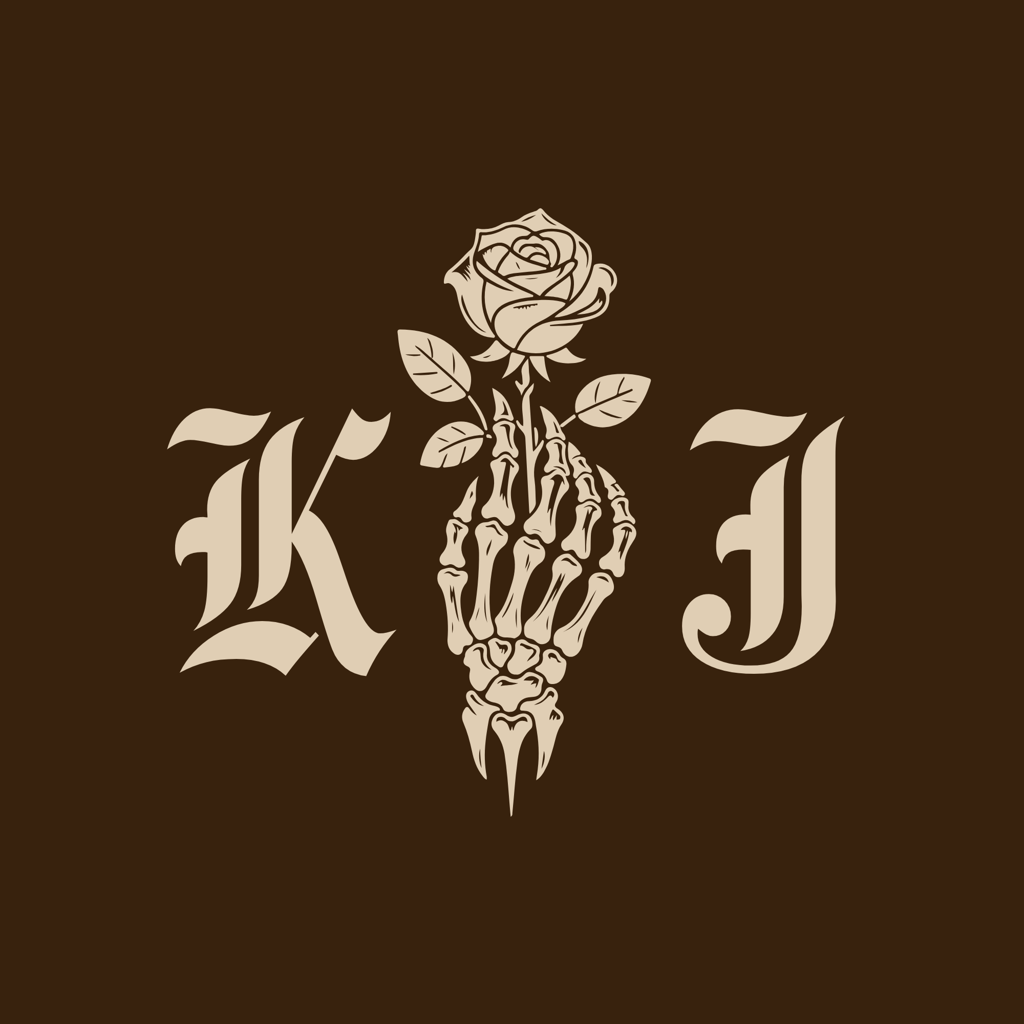 Kaylie Jay Photography Logo of a skeleton hand holding a rose between the letters K and J