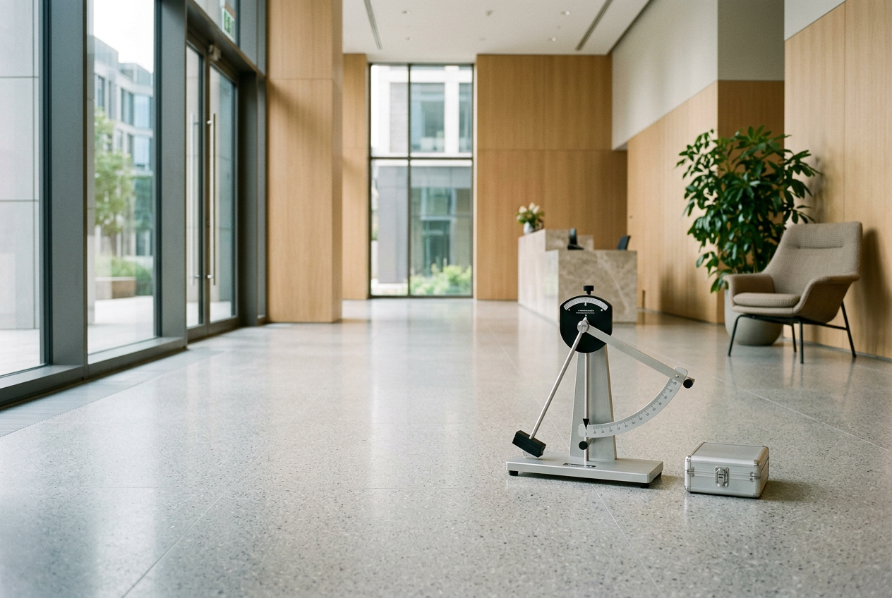 Empty modern lobby with large windows, wooden walls, and a reception desk. There is a gray armchair beside a potted plant, and a measuring device with a small silver box on the floor in the foreground.