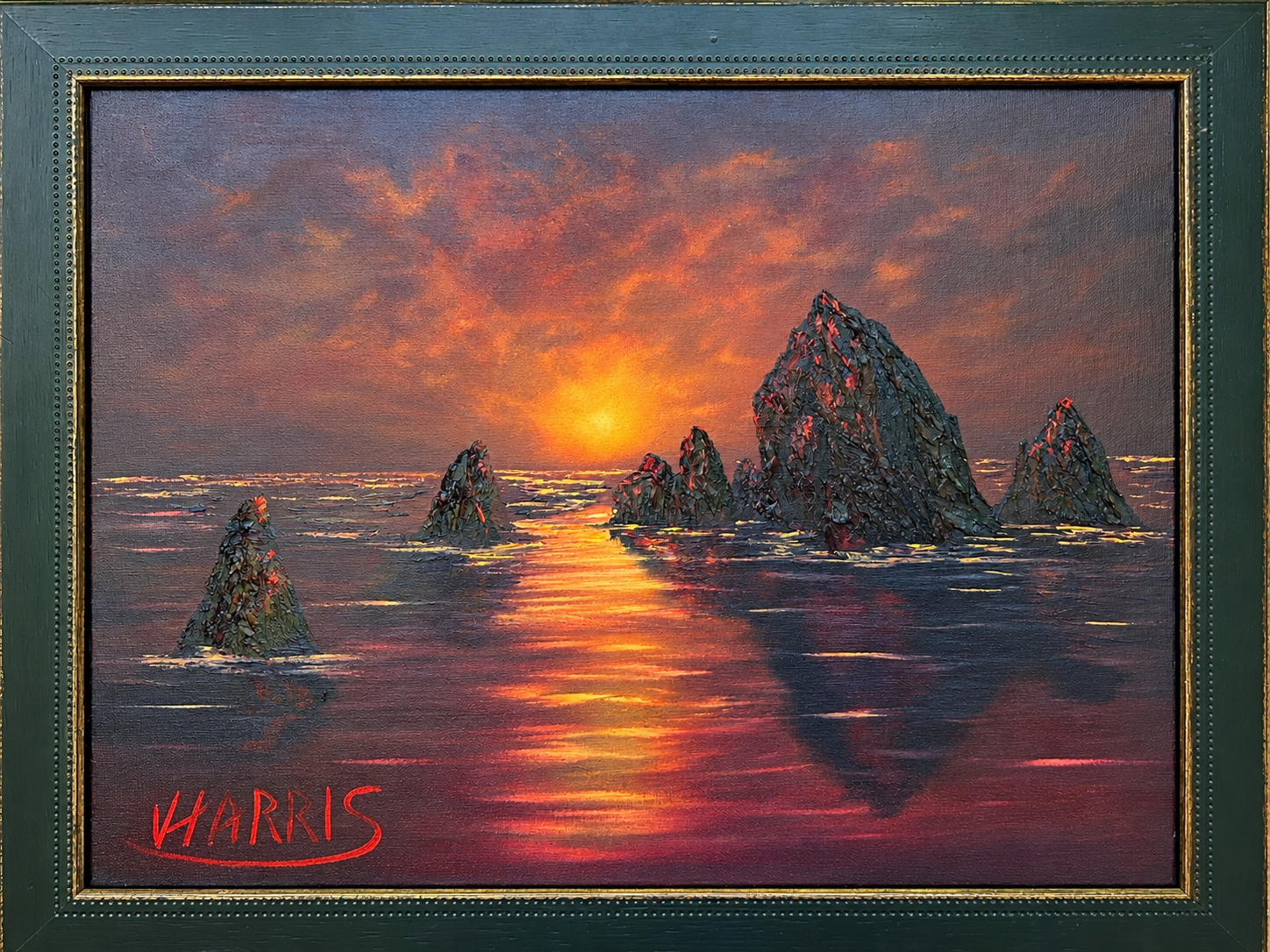 Haystack Rock by Johnny Harris — original oil painting of coastal sea stacks at sunset.