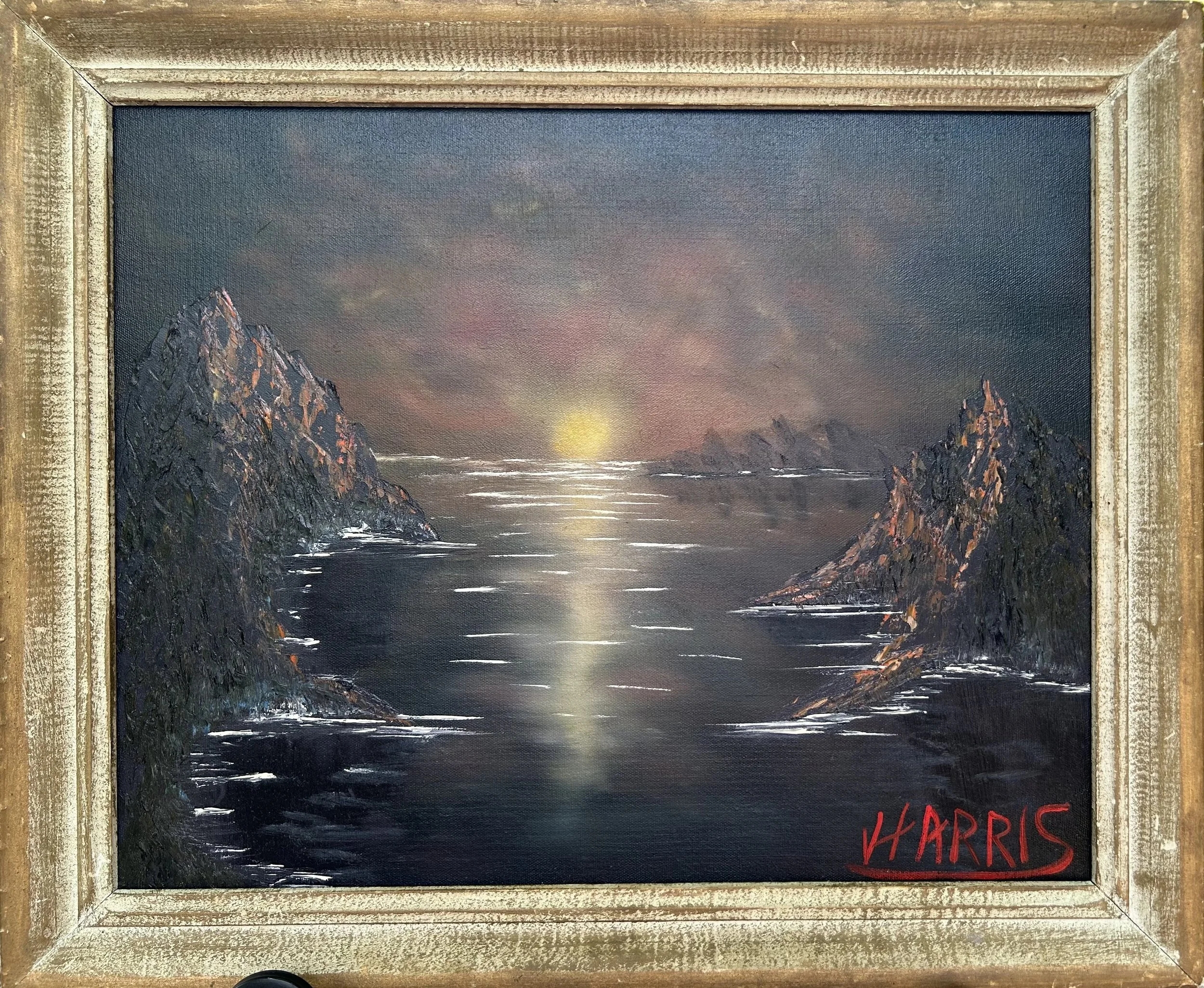 Dark Shadows by Johnny Harris — oil painting of a dark sunset along the Pacific coast.