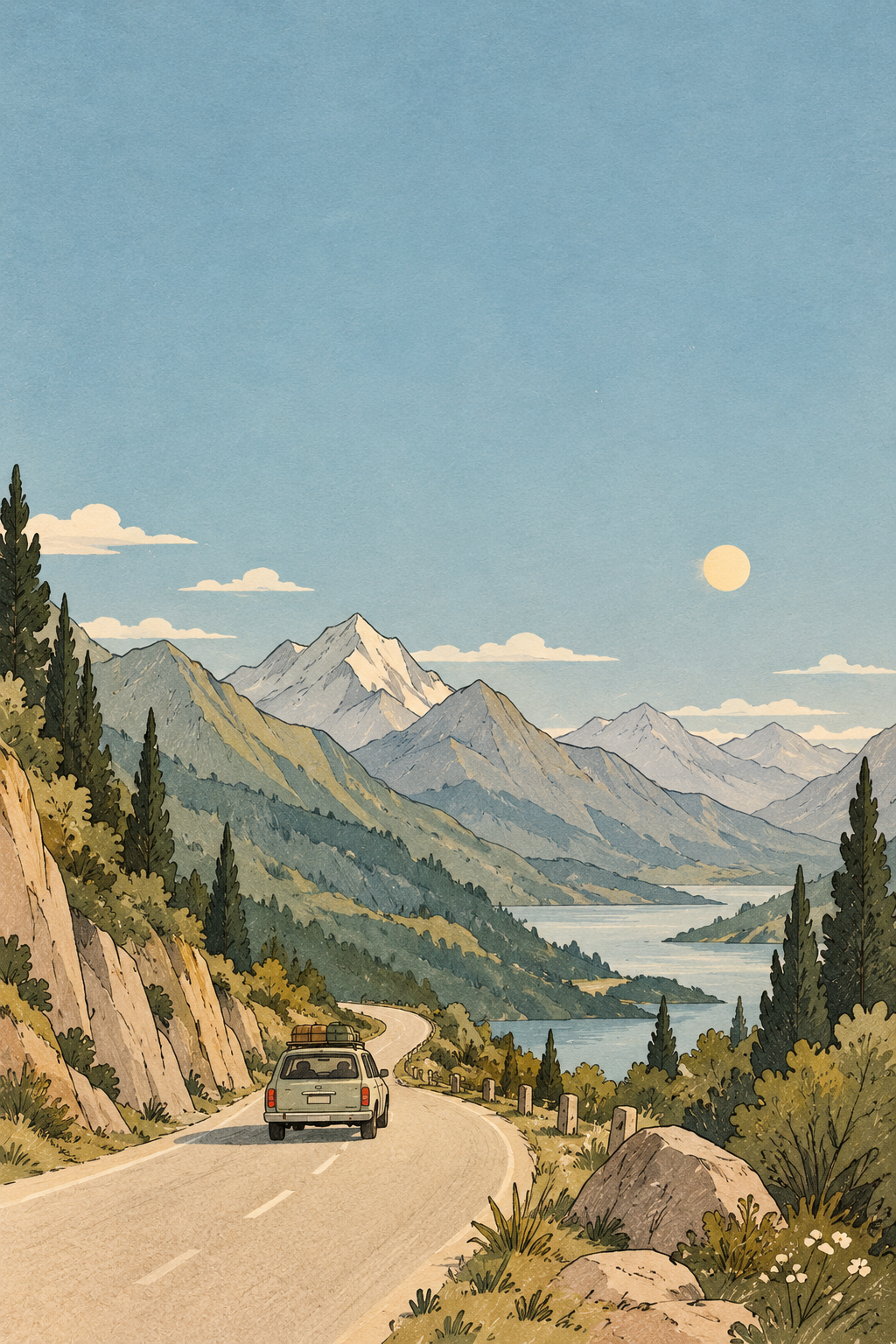 A scenic mountain landscape with a winding road, a parked vehicle, pine trees, a river, and mountains under a sky with clouds and an sun.