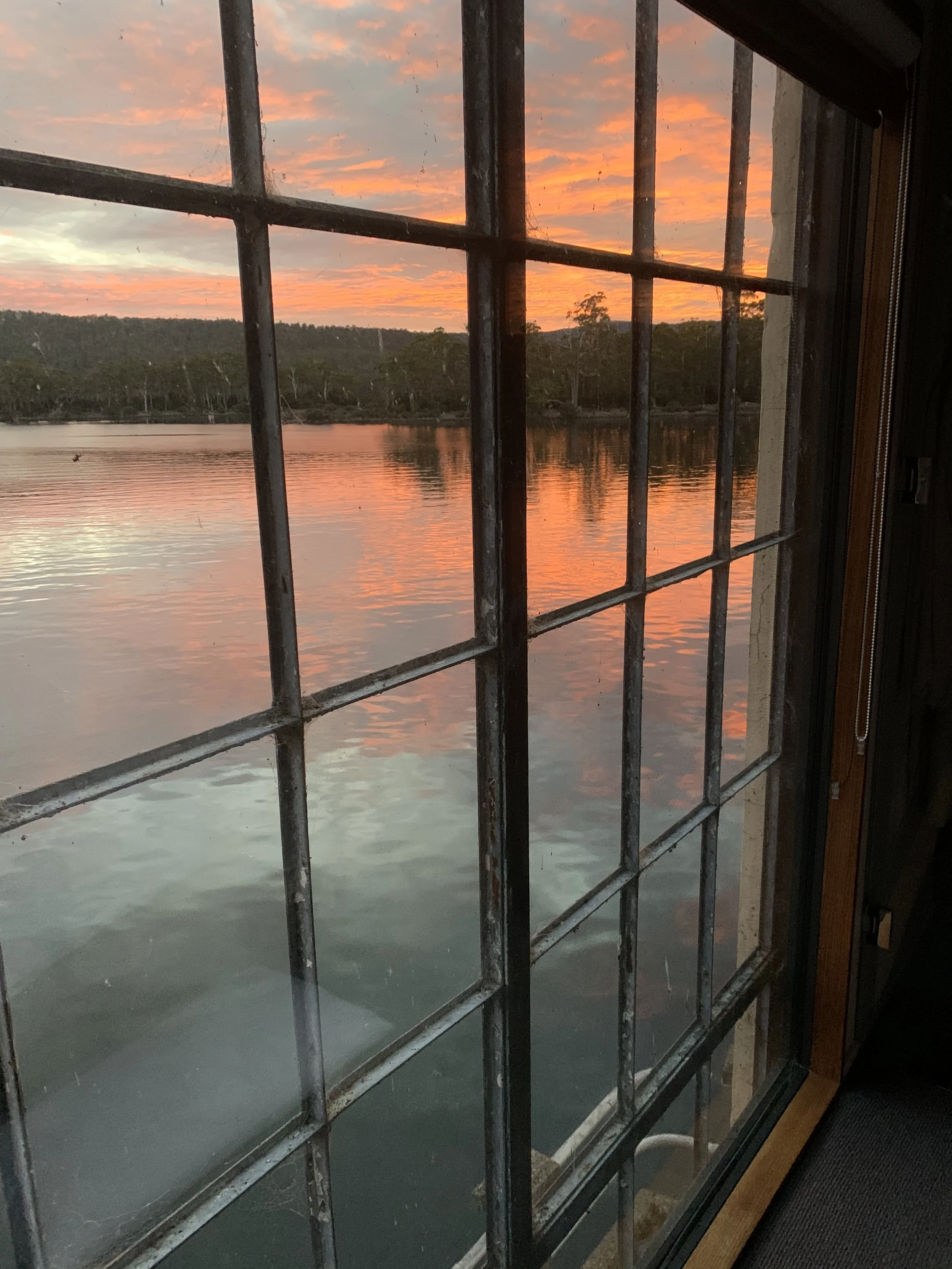 Sunset view through a window with metal bars, reflecting orange and pink clouds on a calm body of water, with a tree-lined shoreline in the distance.