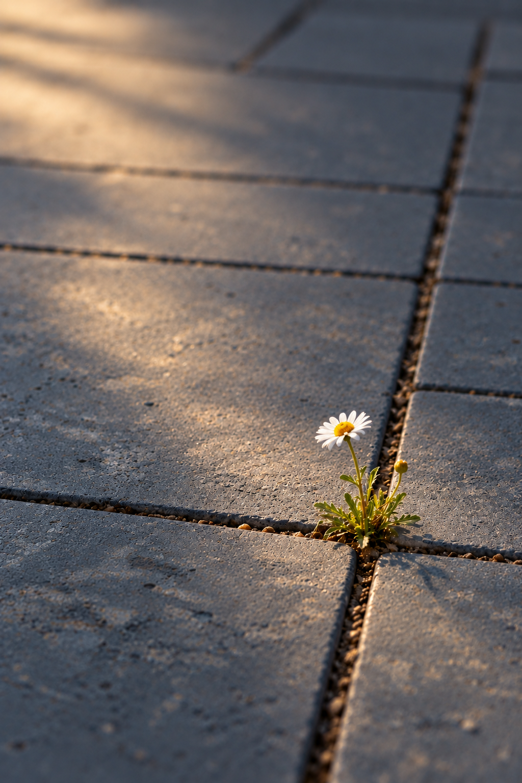 A single daisy flower growing between cracks in a paved surface, illuminated by sunlight.