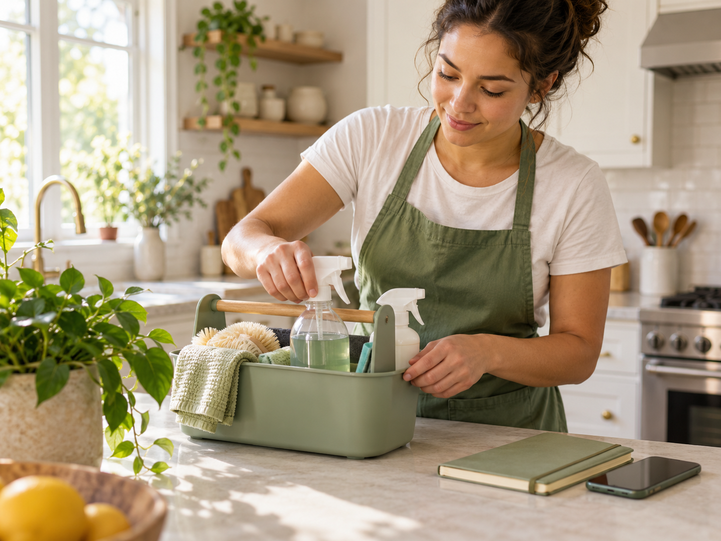 Independent cleaner organizing supplies before a home cleaning job