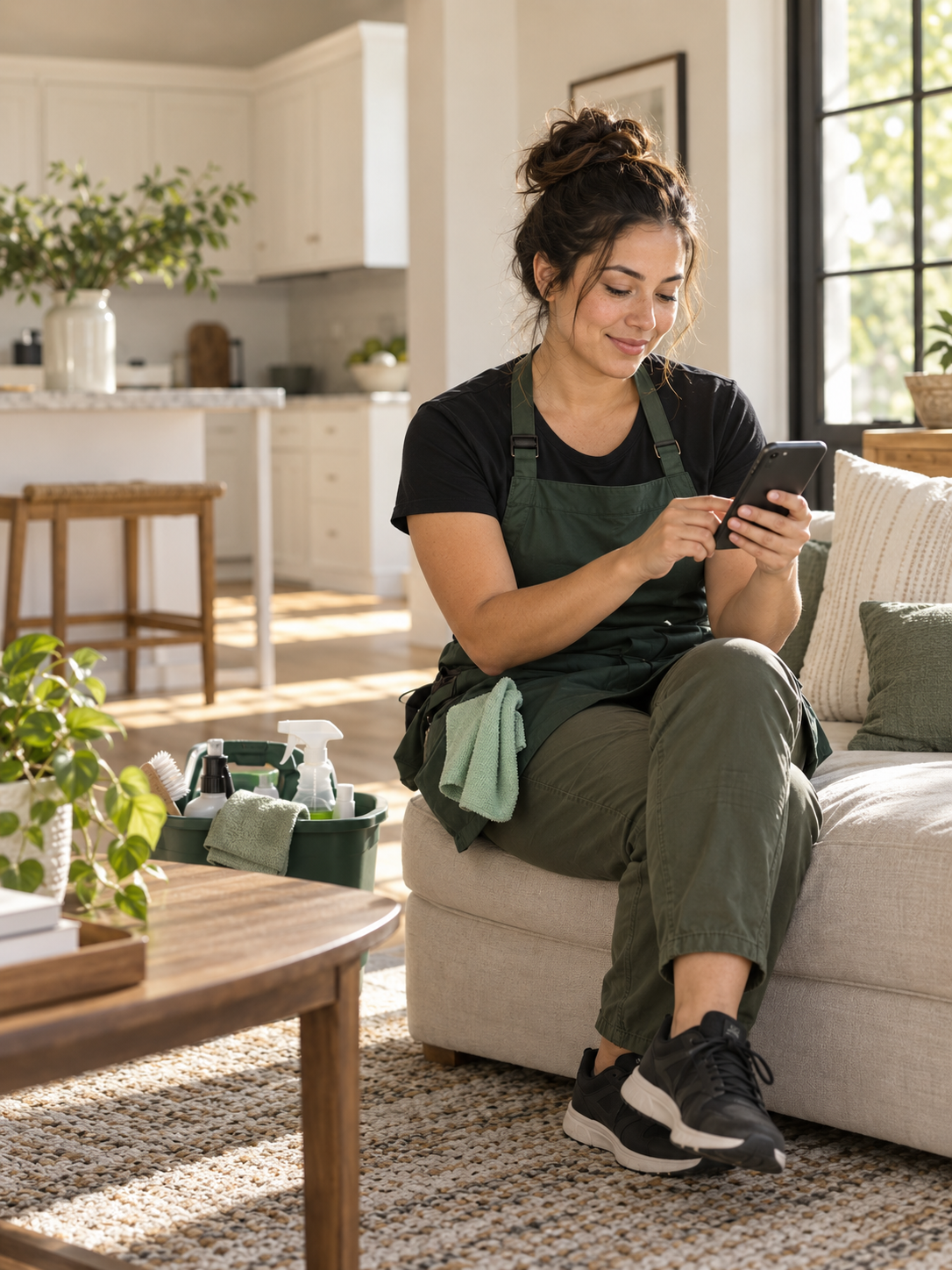 Independent cleaner reviewing her schedule on a phone in a bright home