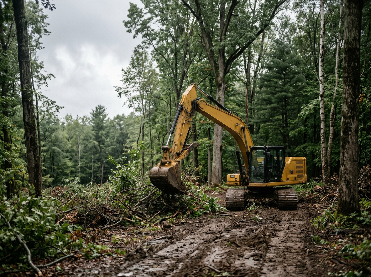 Yellow excavator working on muddy ground in a forest clearing