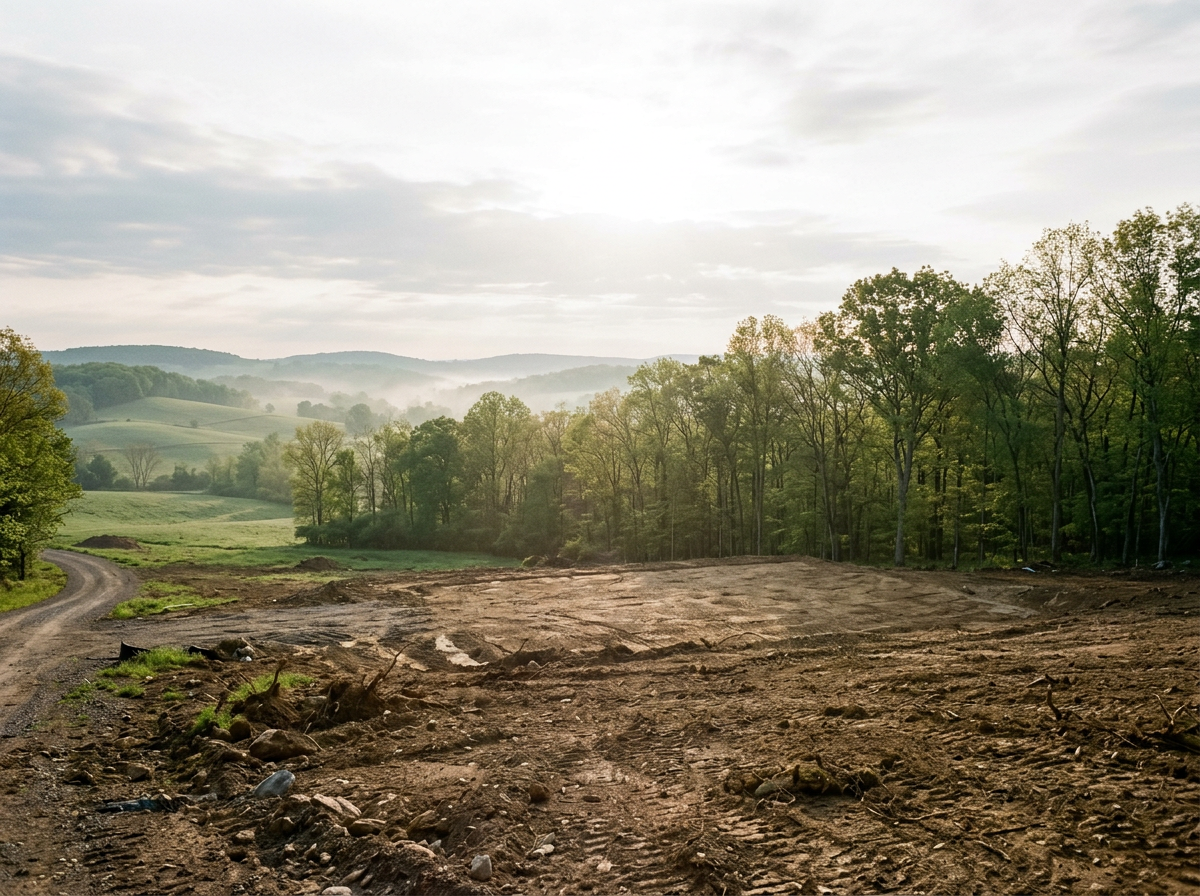 A landscape with a dirt path on the left, green fields, and a forest with trees. The sky is cloudy with the sun peeking through.