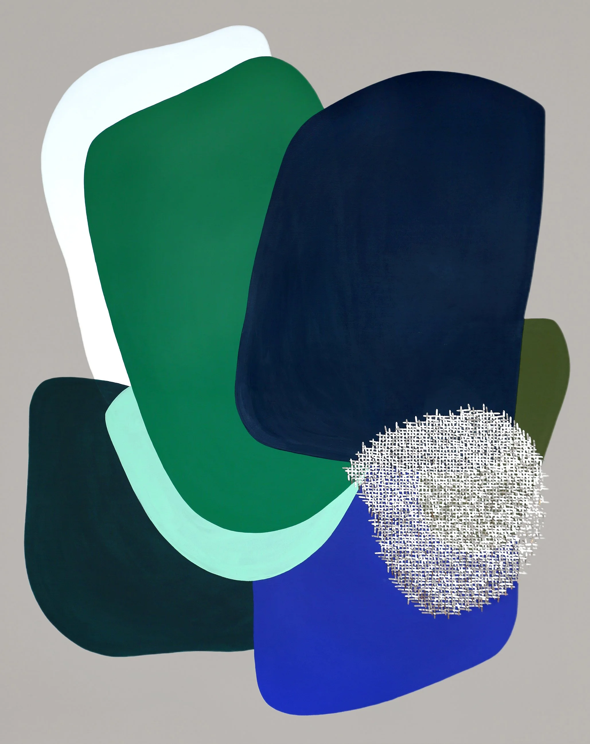 	
Toile abstraite avec grandes formes de couleur peintes à l'acrylique et un aplat de métal composé d'attaches parisiennes couleur laiton doré sur toile tendue sur châssis. Série Empathie, tons bleu et vert. Attaches couleur chrome. 