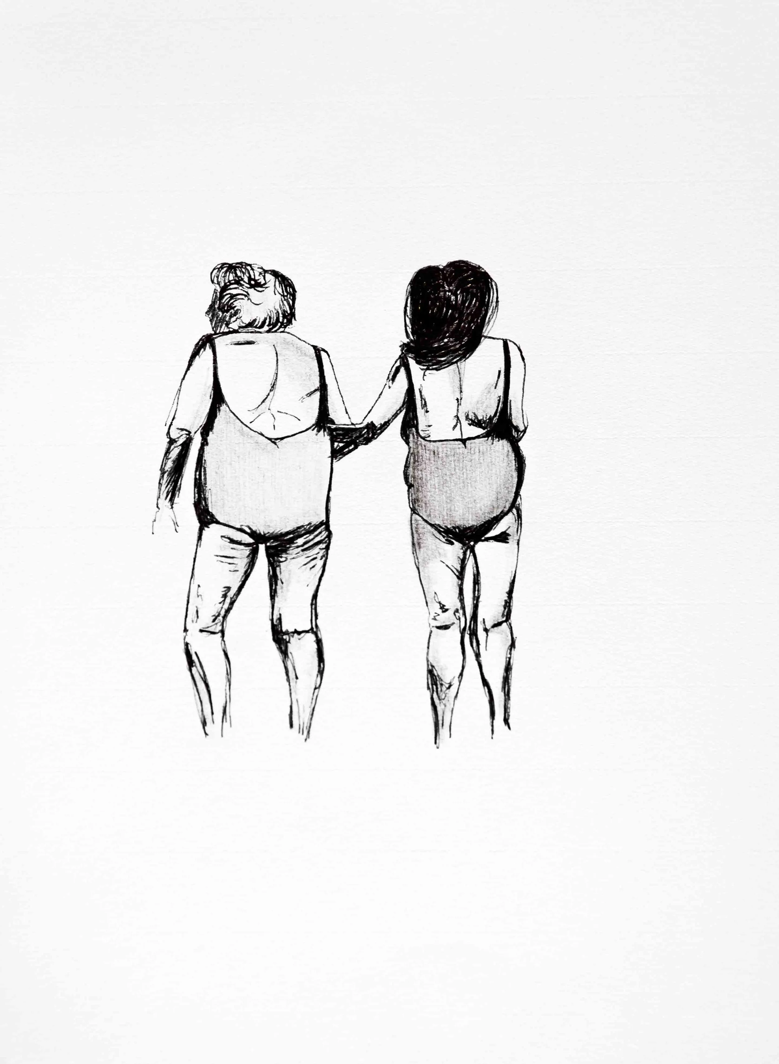 Dessin noir et blanc de deux personnes vues de dos, se tenant par la main.