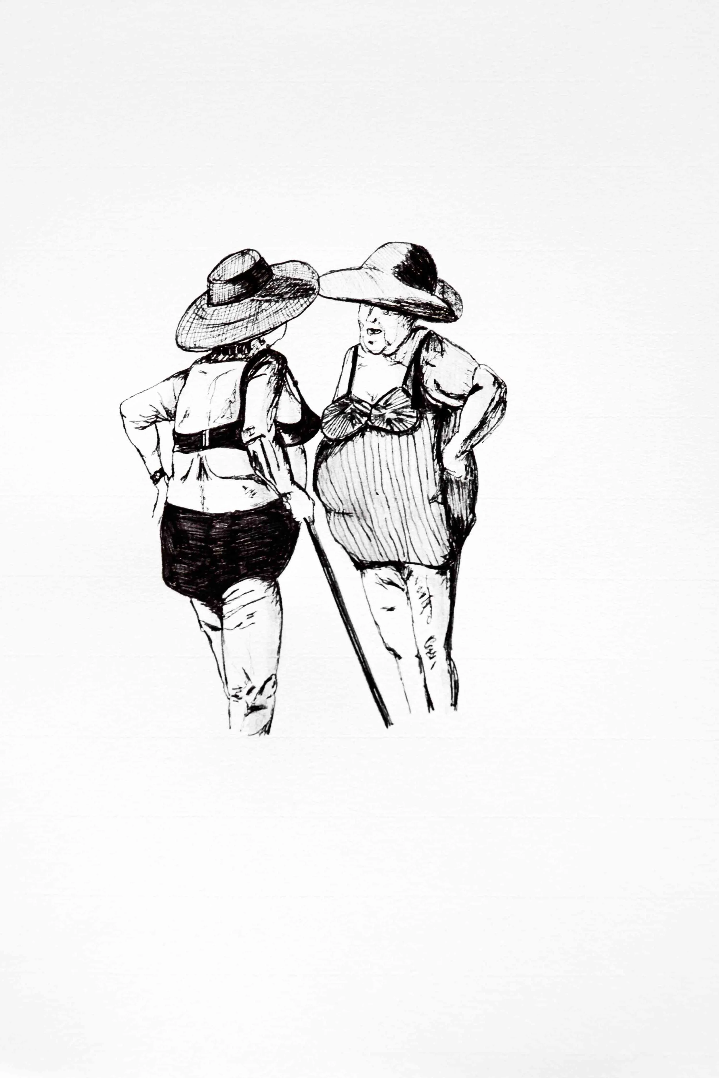 Dessins en noir et blanc de deux personnes portant des chapeaux et discutant, avec une canne.