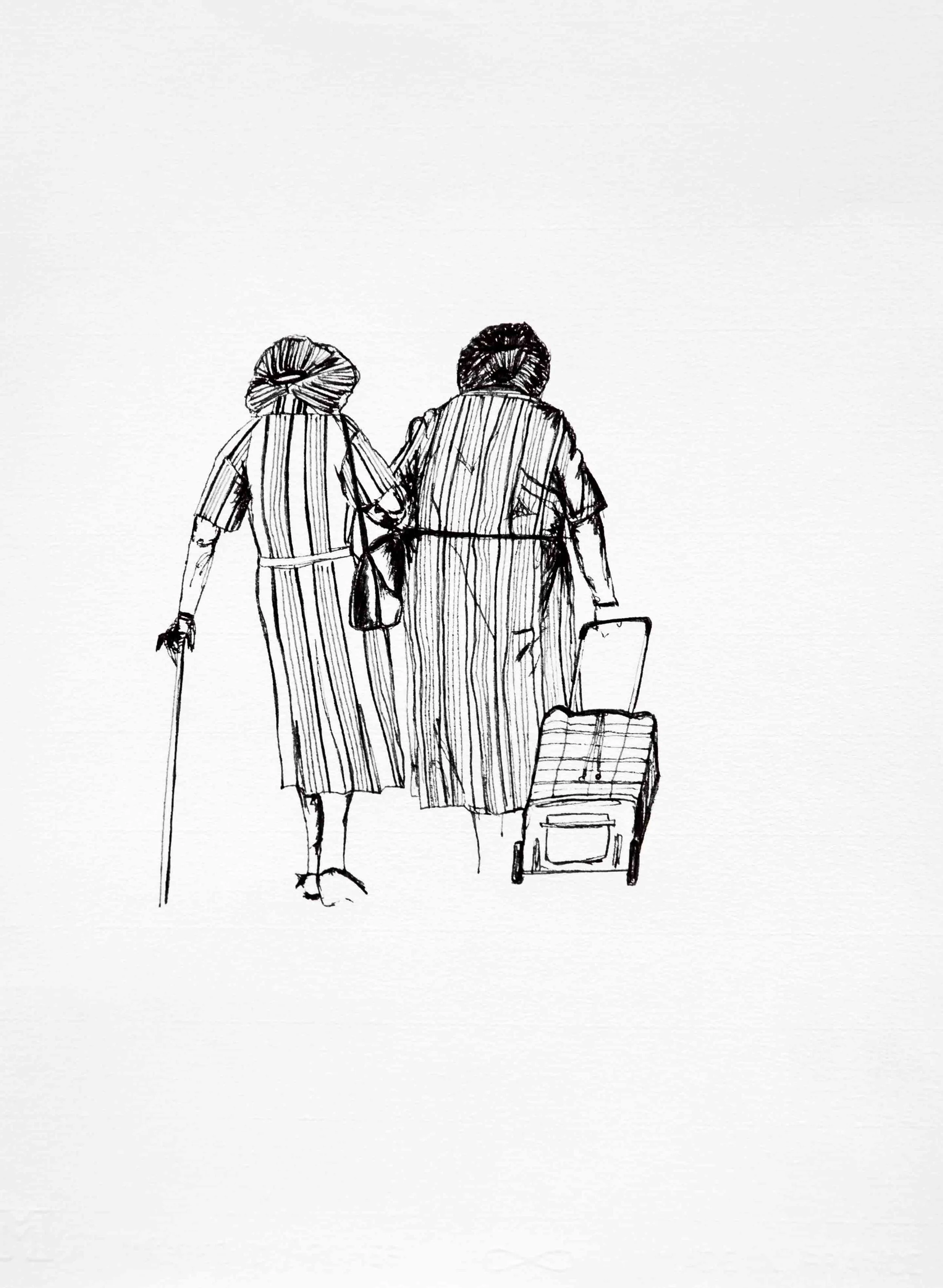 Dessin à l'encre sur papier de deux personnes marchant, l'une avec une canne et l'autre avec un caddie, tenues de vêtements rayés avec un sac à main.