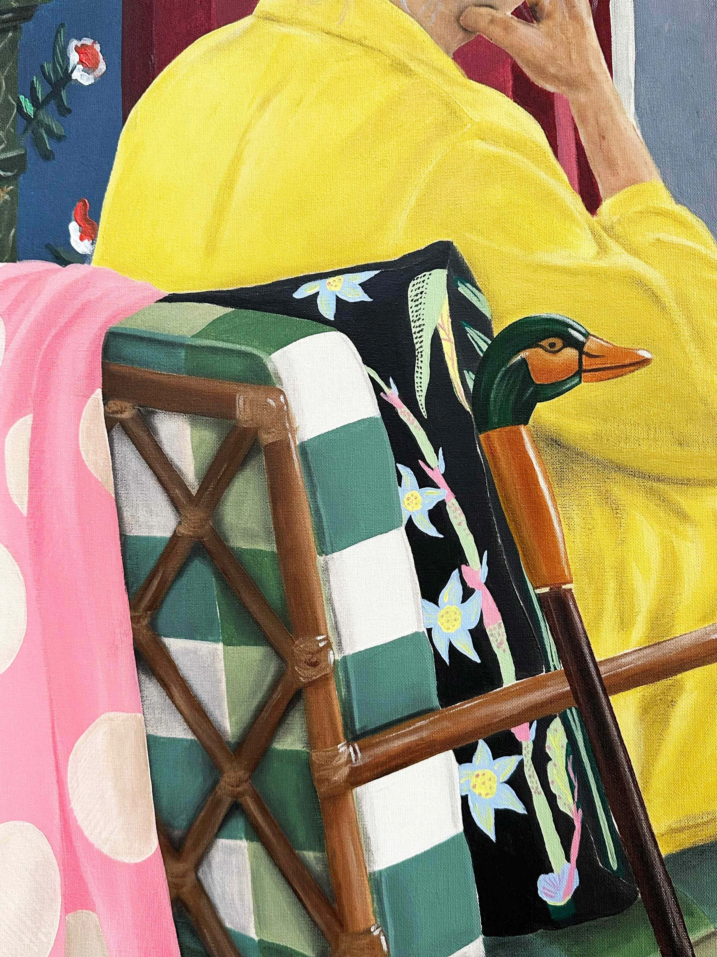 	
« Mamie si tu savais », peinture figurative de Margaux Pecorari : une femme aux cheveux gris assise dans un fauteuil, au cœur d’un intérieur coloré peuplé de coccinelles, tournesols et poteries. Close up sur le fauteuil, la couverture rose à pois.