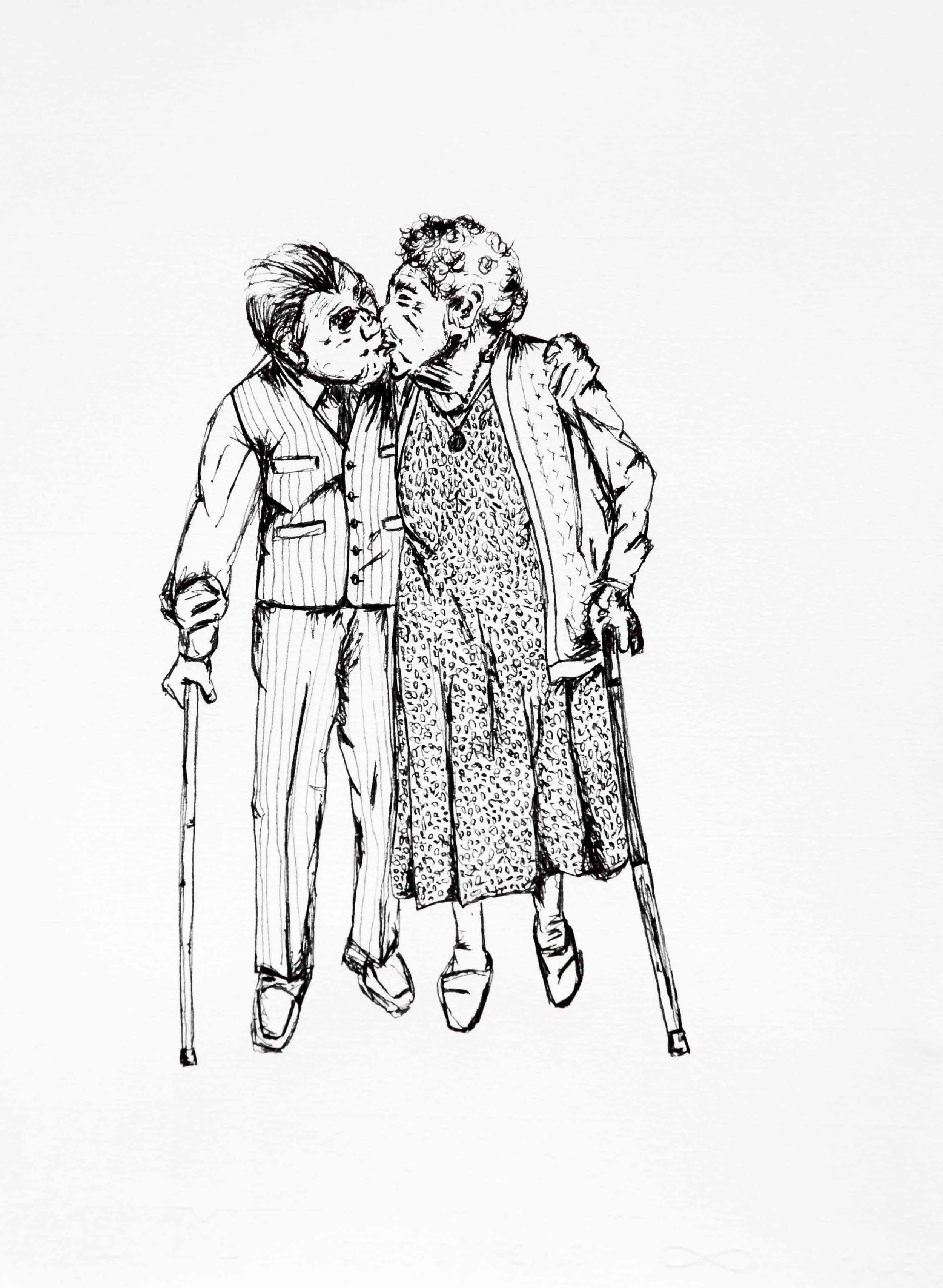 Dessin en noir et blanc de deux personnes âgées qui se tiennent par l'épaule et s'embrassent.
