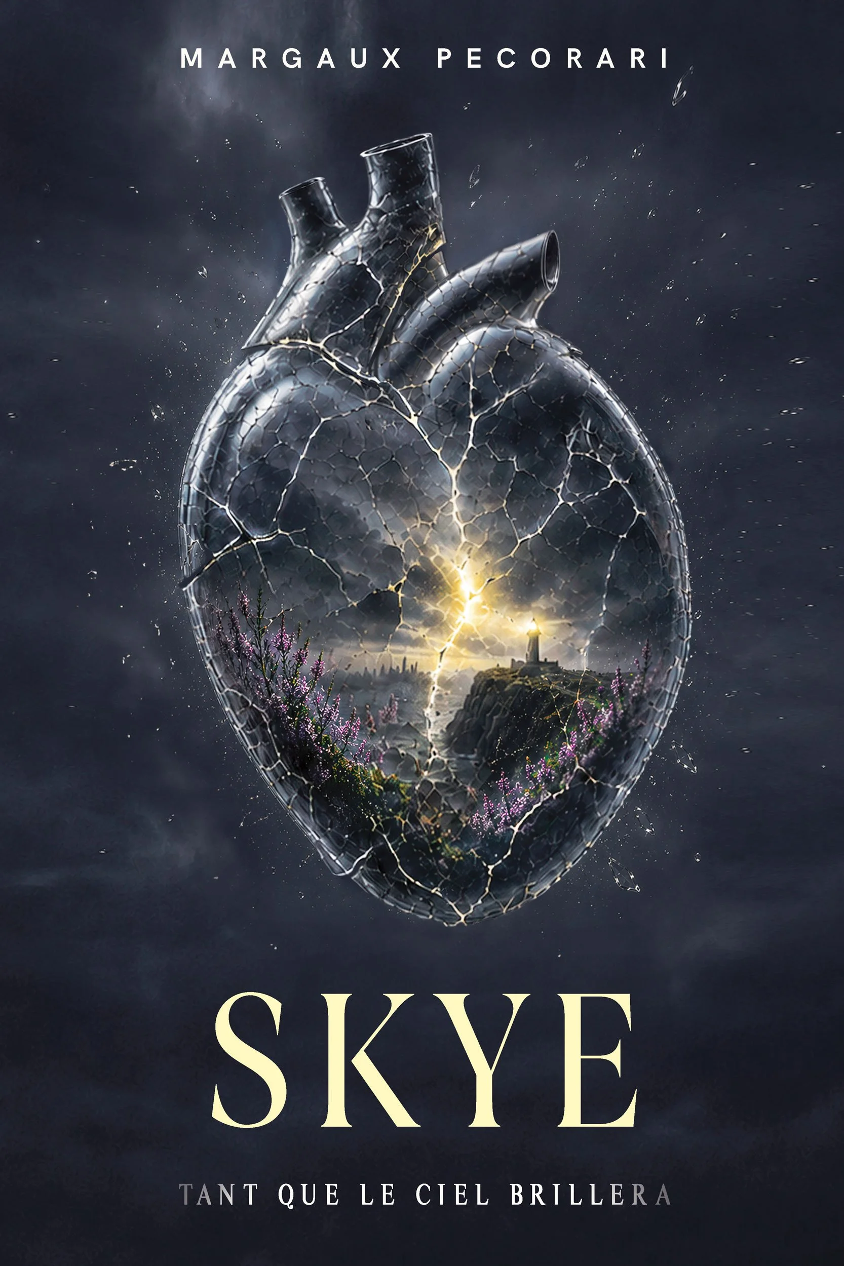 Couverture du tome 1 de « SKYE – Tant que le ciel brillera », roman de Margaux Pecorari : un cœur de verre fissuré abrite un paysage de l’île de Skye, éclairé par un phare sous un ciel sombre.