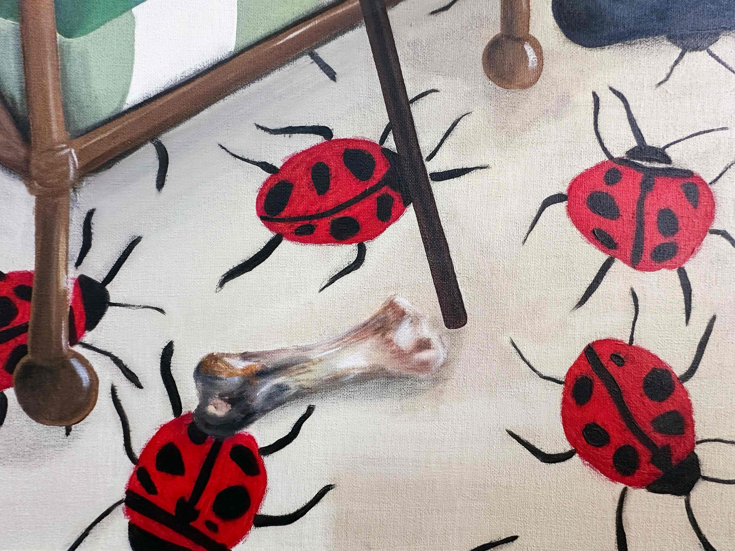 Illustration de plusieurs coccinelles rouges avec des taches noires sur un fond blanc, avec des branches et des feuilles en arrière-plan