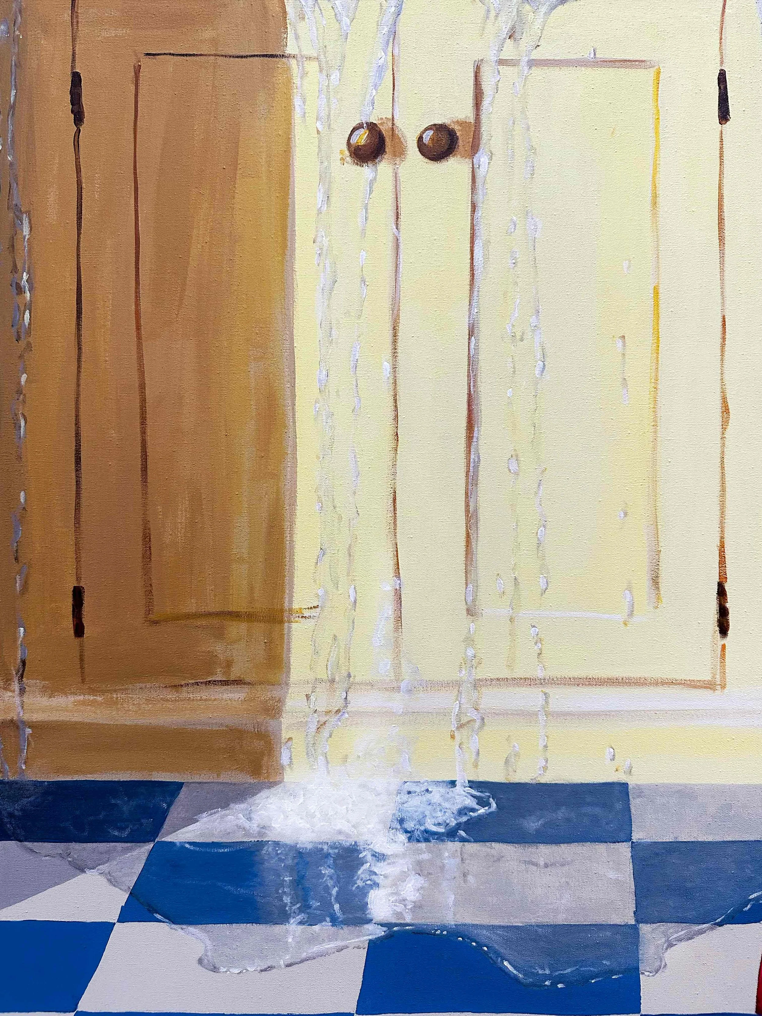Une peinture représentant une pièce avec un sol à carreaux bleus et blancs. La pièce a des murs de couleur jaune beurre, en lambris de bois, et un placard en bois. L'eau déborde et forme une flaque au sol.