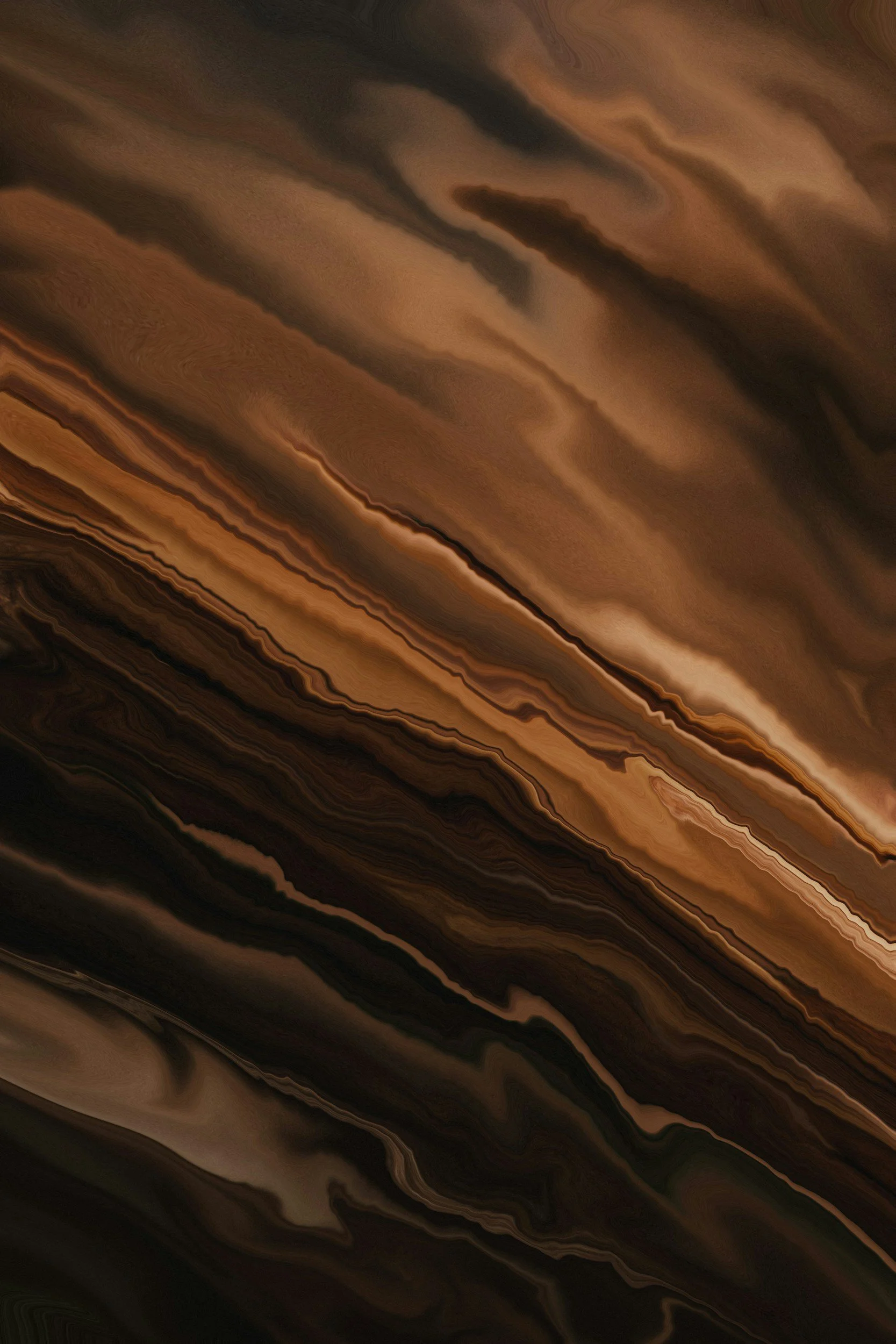 A close-up view of a polished brown and black marble surface with swirling, wavy patterns.