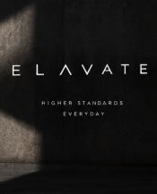 A black background with the word "ELEVATE" in white capital letters, with a stylized triangle replacing the letter 'A'. Below, the text reads 'HIGHER STANDARDS EVERYDAY'.