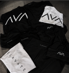 Collection of black and white AVA-branded clothing items, including t-shirts, hats, and a bag.