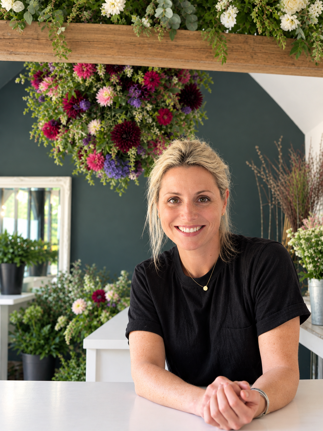 A woman with blond hair sitting at a white table, smiling, surrounded by flowers and greenery, with a hanging flower arrangement overhead.