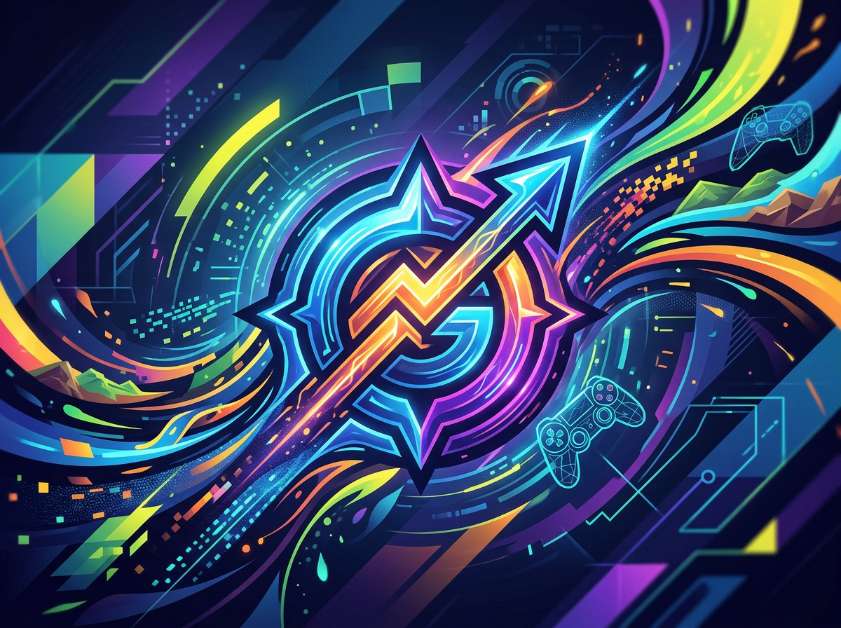 Vivid digital illustration featuring neon lightning bolts, arrows, and gaming icons like controllers, with abstract colorful swirling patterns.