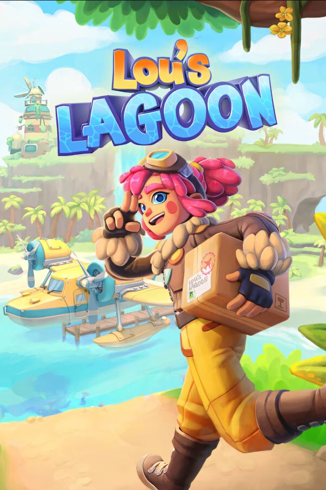 Animated character with pink hair, dressed in explorer outfit, holding a package labeled "Lou's Lagoon," standing in front of a lagoon with boats, tropical trees, and a floating island in the background, with "Lou's Lagoon" title at the top.