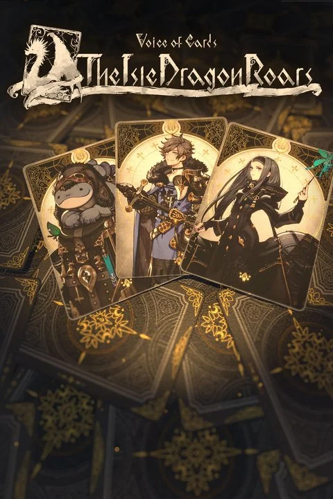 Deck of tarot cards from 'Voice of Cards: The Elf and the Dragon Roar' featuring three character illustrations: a gray, armored elf with a helmet, a young man with brown hair holding a sword, and a black-haired woman with a whip.