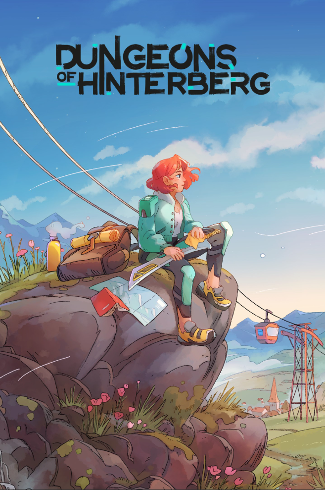 Animated illustration of a red-haired female adventurer sitting on a rocky mountain ledge with a village and mountains in the background, holding a sword, with a backpack and supplies nearby, under a clear blue sky with a cable car system.