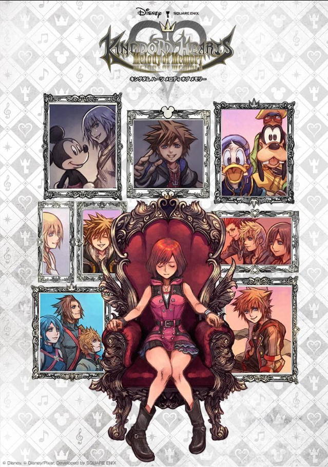 Cover art for Kingdom Hearts Melody of Memory featuring various characters from the game in framed portraits, with a girl sitting on a royal throne at the center.