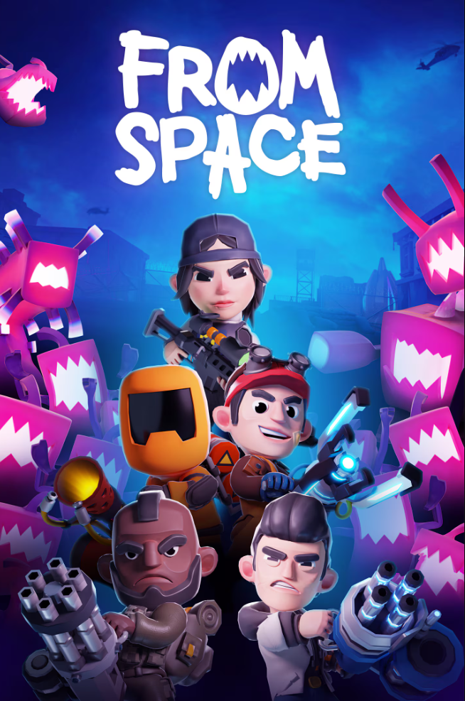 Game cover art for 'From Space' featuring cartoon characters and pink alien monsters.