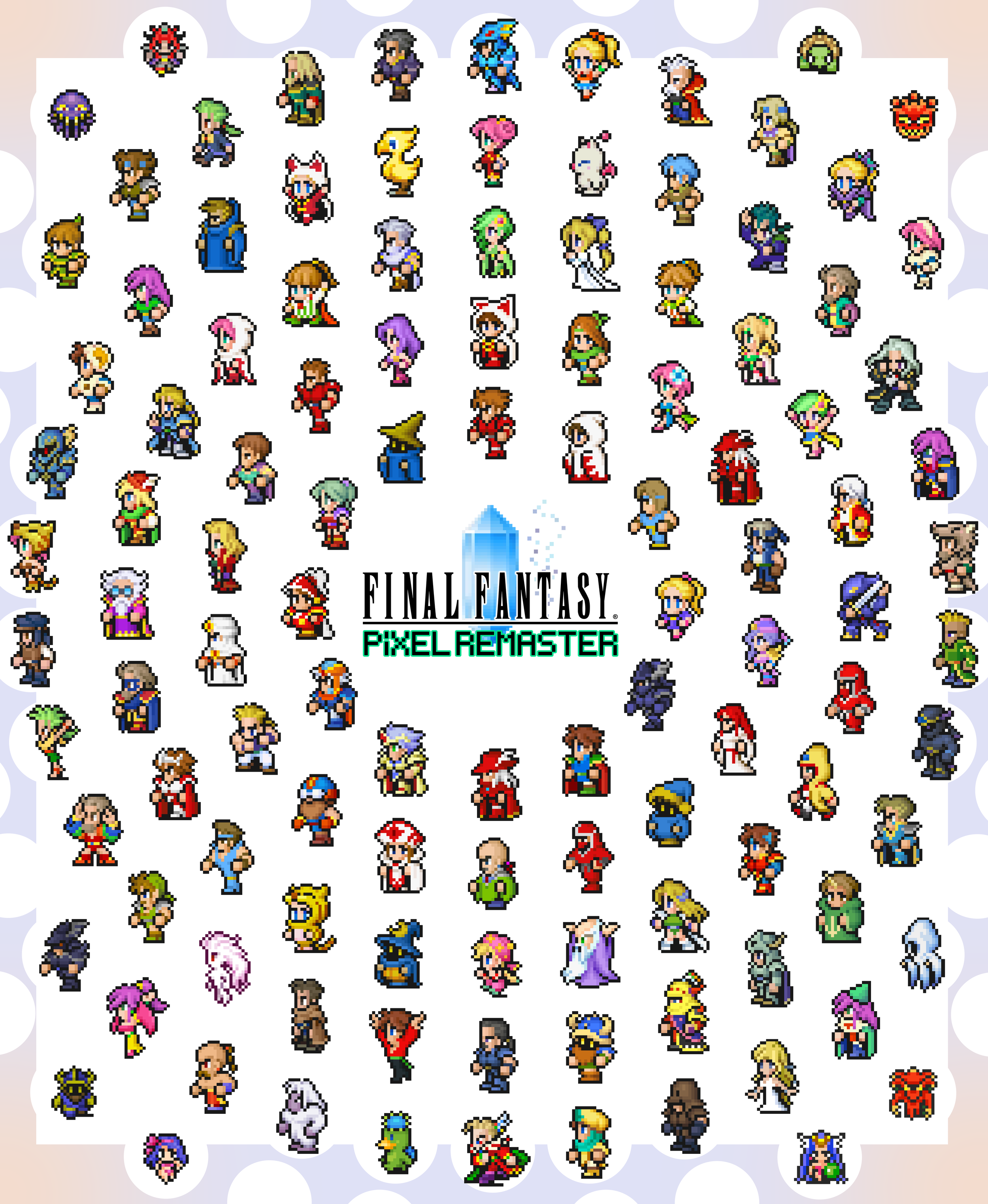 A collection of pixel art characters from the game Final Fantasy Pixel Remaster, featuring numerous characters in various poses and costumes.