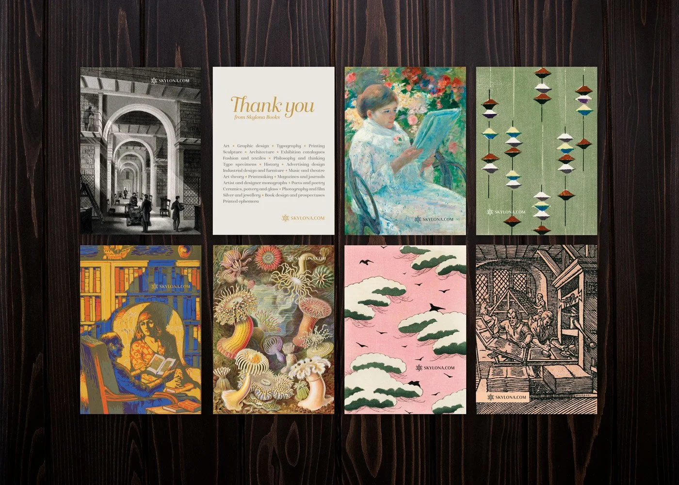 'Thank you' postcard series, designed to evoke the creative arts theme of the bookshop