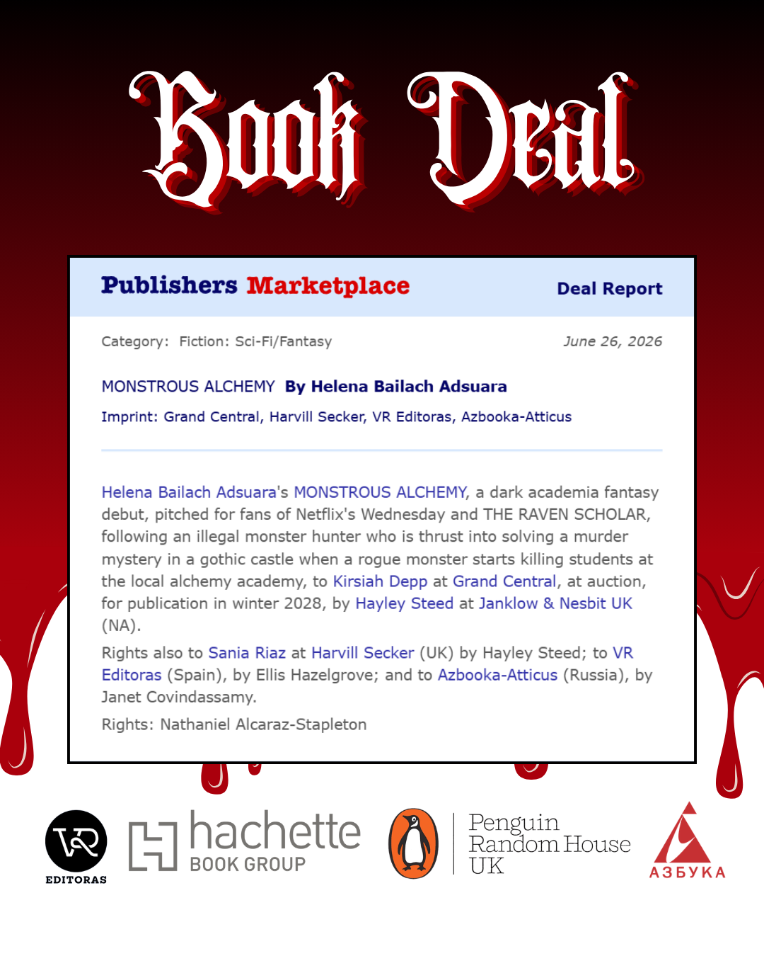 A digital screen displaying a horror-themed book marketplace listing for fantasy fiction, with red drips resembling blood and blood splash graphics, featuring logos of publishers and book companies at the bottom.