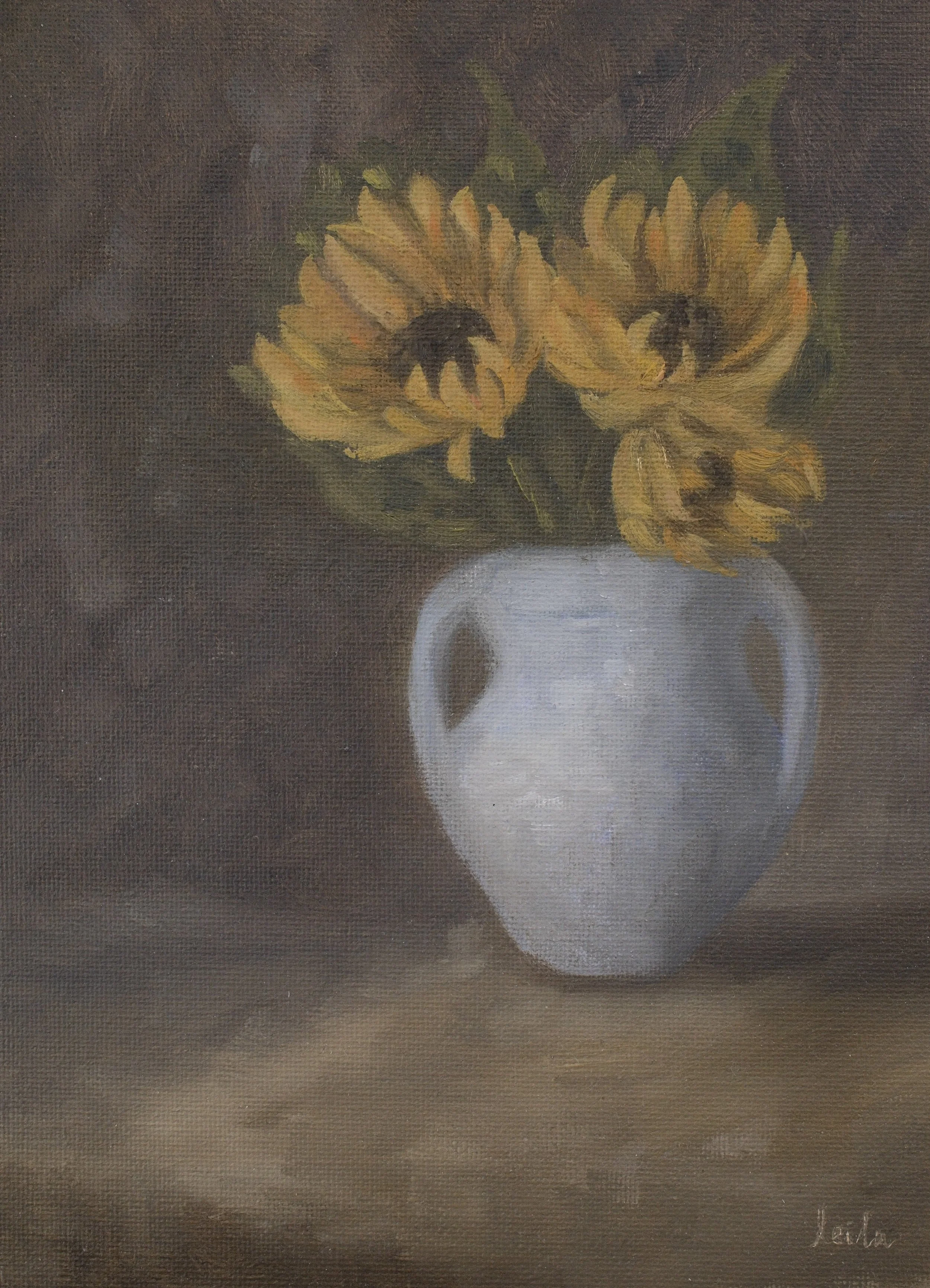 Naturaleza muerta con florero de girasoles