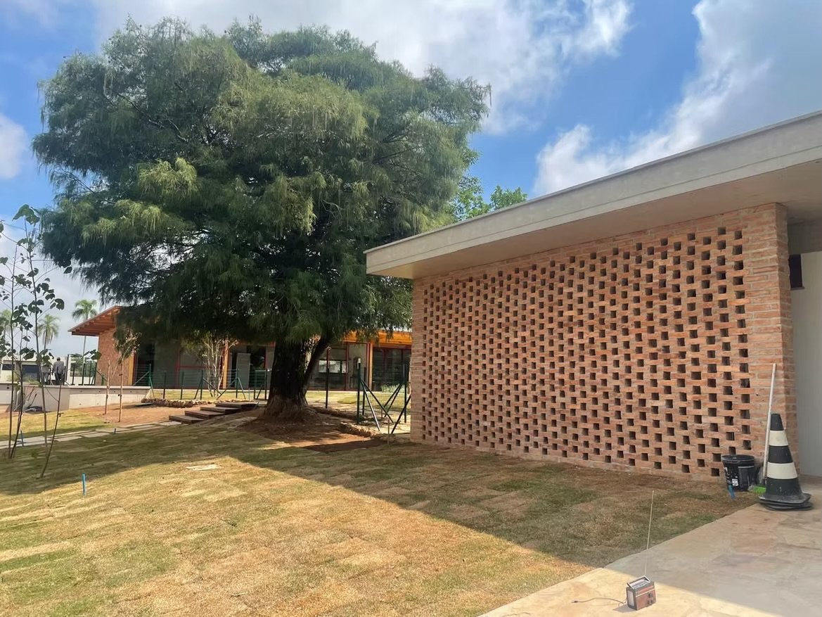 Árvore grande ao lado de uma construção com parede de tijolos de padrão vazado, céu ensolarado com algumas nuvens.