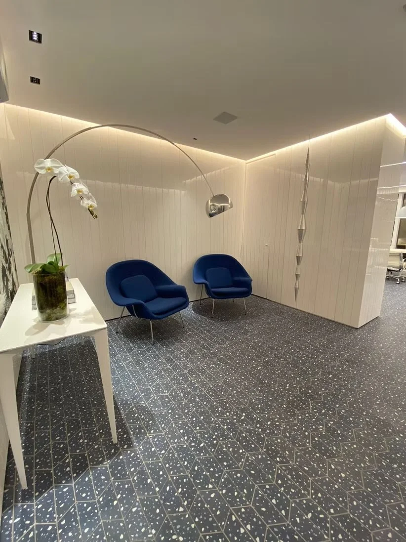 Sala de espera com duas poltronas azuis, uma mesa branca com uma planta e uma luminária de piso com flores brancas